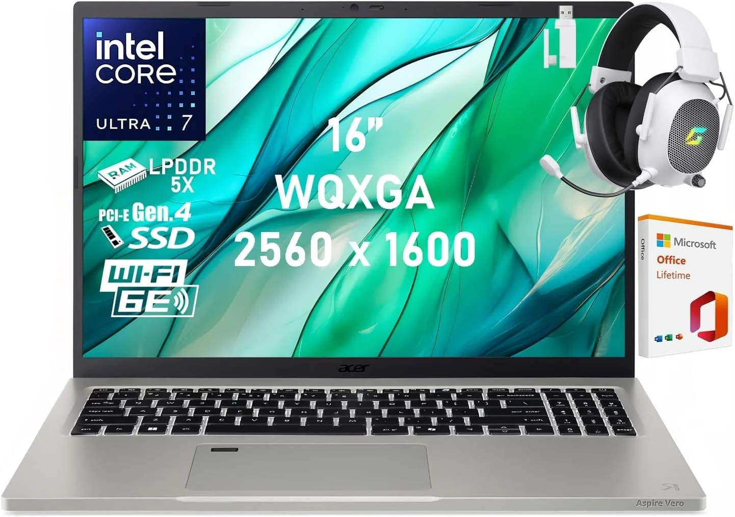 لپ تاپ 16 اینچی هوش مصنوعی ایسر، صفحه نمایش 16 اینچی WQXGA، پردازنده Intel Core Ultra 7 155U، رم 16 گیگابایتی LPDDR5X، حافظه SSD 512 گیگابایتی PCIe 4.0، وب کم QHD، WiFi 6E، به همراه هدست بی سیم 2.4 گیگاهرتز و آفیس مادام العمر 2019، ویندوز 11 هوم
