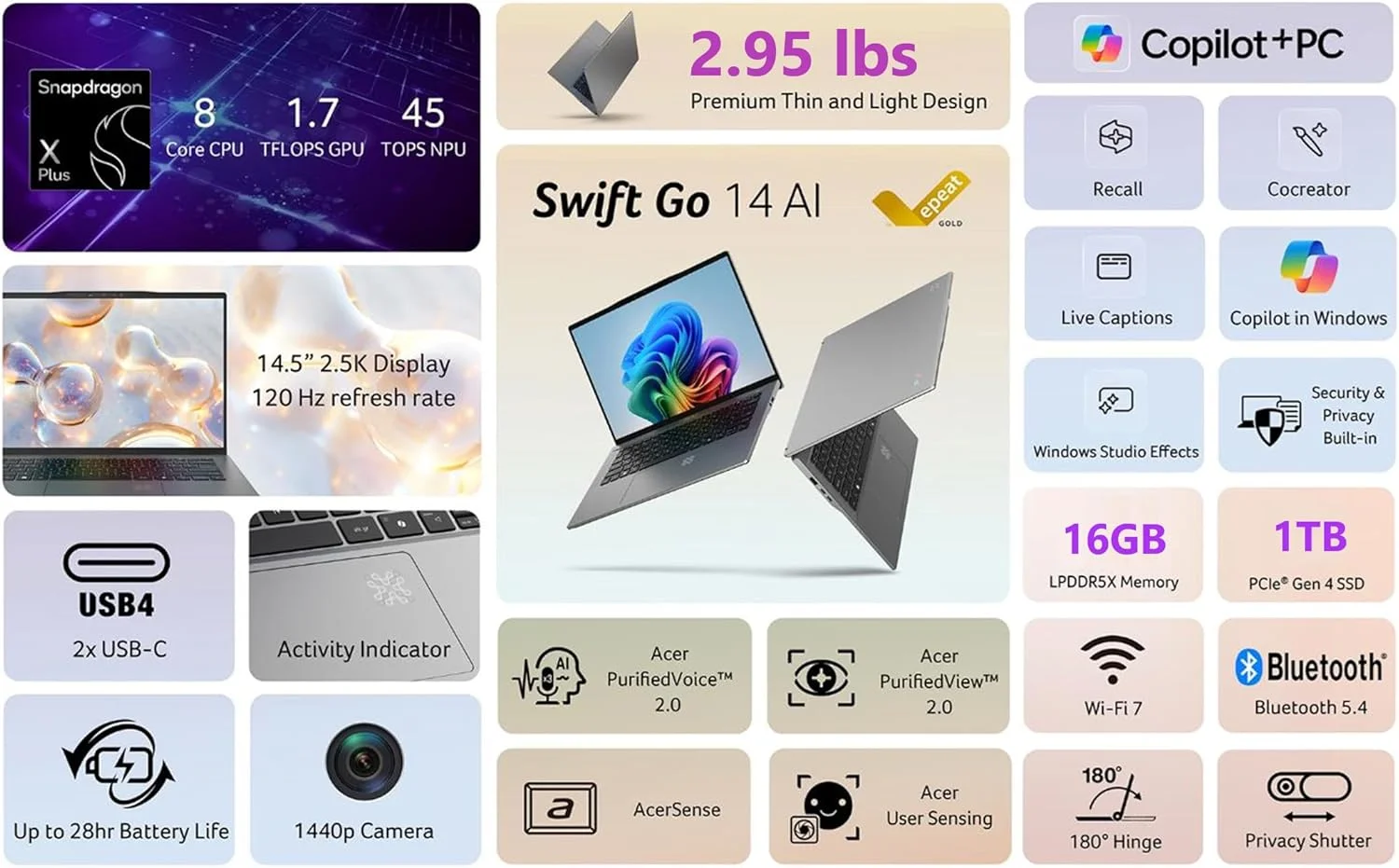 لپ تاپ ایسر Swift Go 14 AI Copilot+ PC | صفحه نمایش 14.5 اینچی 2.5K 120 هرتز | تجربه های هوش مصنوعی را باز کنید | پردازنده Qualcomm Snapdragon X Plus 8 هسته ای | 16 گیگابایت رم | 1 ترابایت SSD Gen 4 | Wi-Fi 7 | ویندوز 11 هوم | SFG14-01-X006 لپ تاپ ایسر Swift Go 14 AI Copilot+ PC | صفحه نمایش 14.5 اینچی 2.5K 120 هرتز | تجربه های هوش مصنوعی را باز کنید | پردازنده Qualcomm Snapdragon X Plus 8 هسته ای | 16 گیگابایت رم | 1 ترابایت SSD Gen 4 | Wi-Fi 7 | ویندوز 11 هوم | SFG14-01-X006