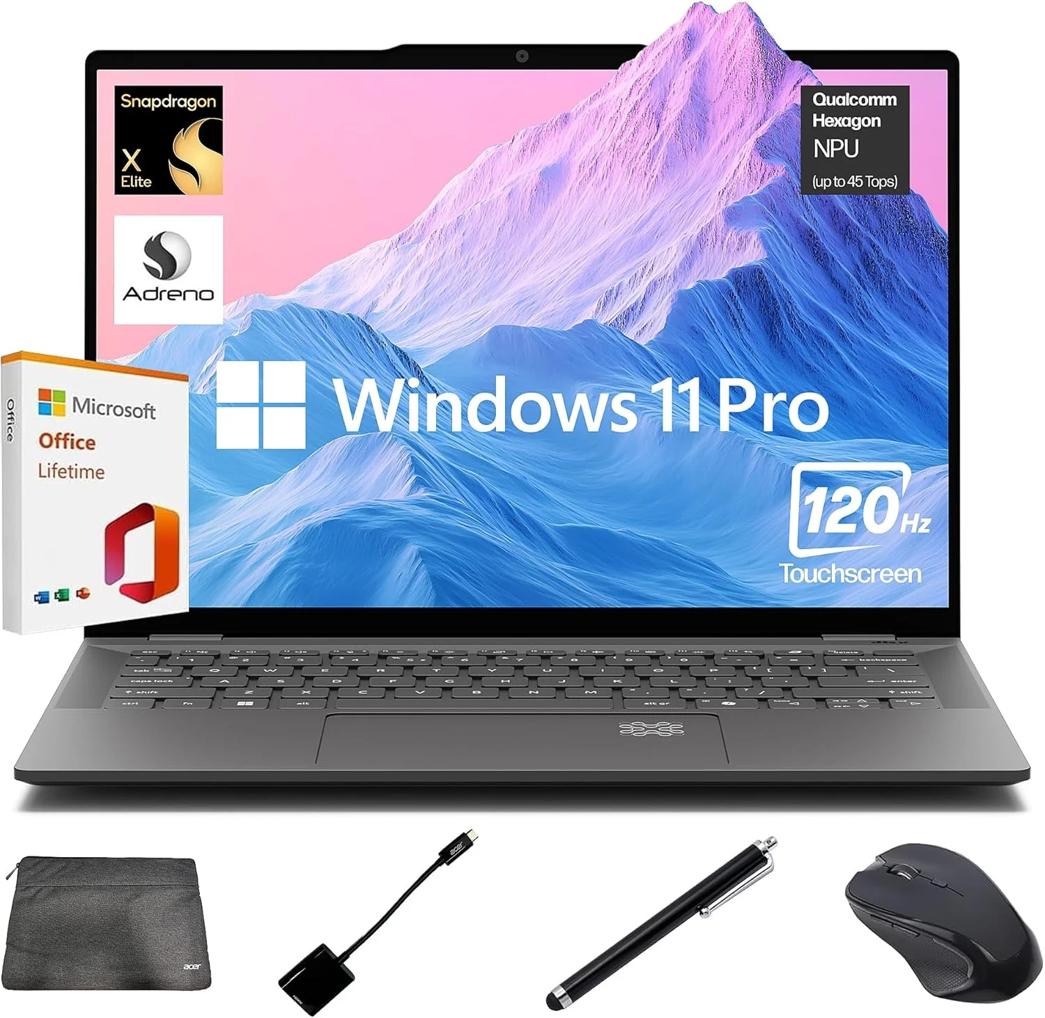 لپ تاپ ایسر Swift 14 AI، لپ تاپ لمسی 2K با نرخ 120 هرتز، Snapdragon X Elite 45 Top NPU، رم 16 گیگابایتی LPDDR5X، حافظه SSD 512 گیگابایتی Gen4، ویندوز 11 پرو، WiFi 7، BT 5.4، کیبورد با نور پس زمینه، به همراه Microsoft Office مادام العمر