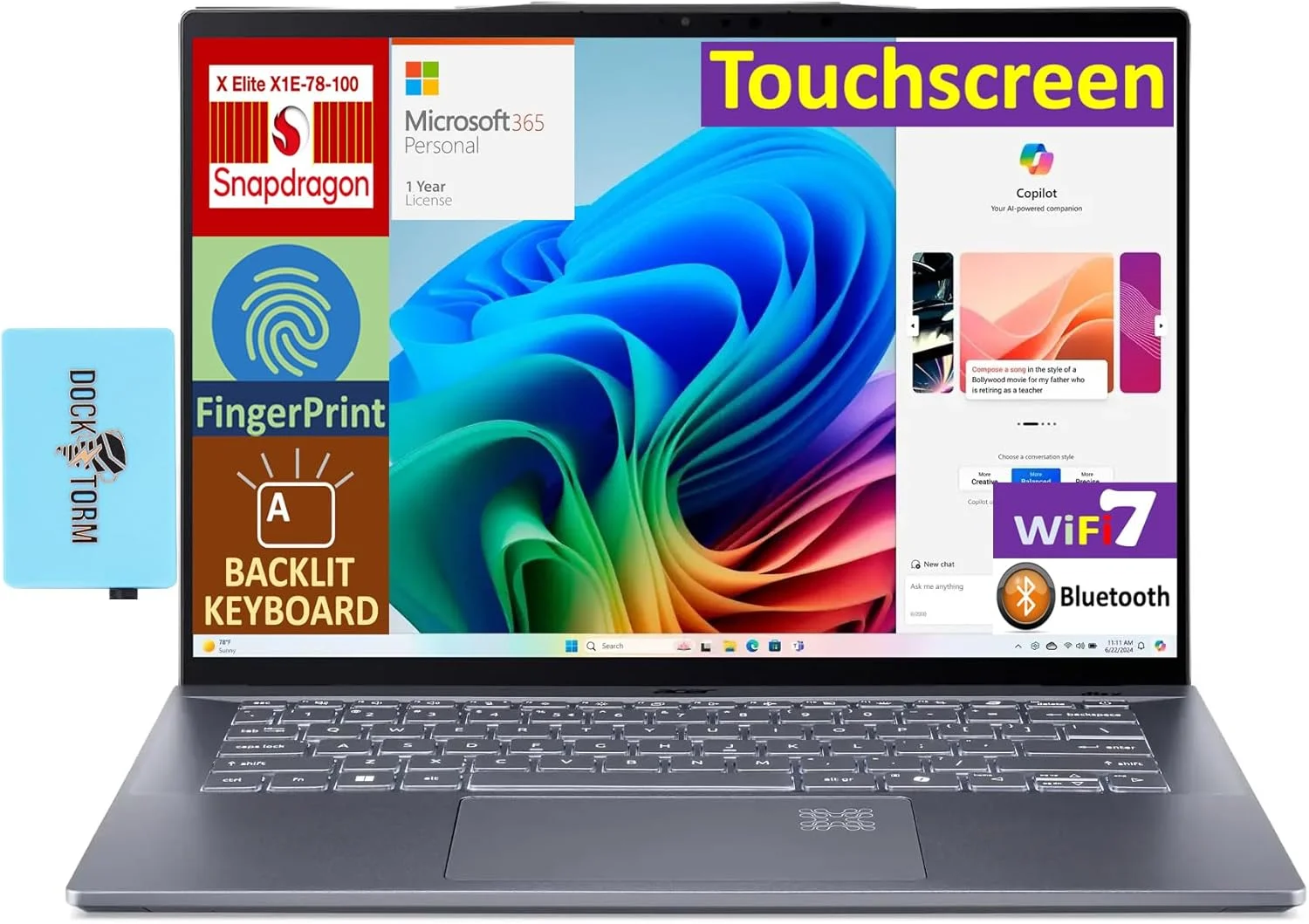 لپ تاپ ایسر Swift 14 مجهز به هوش مصنوعی، صفحه نمایش لمسی 14.5 اینچی IPS WQXGA (Qualcomm Snapdragon X Elite X1E-78-100، 16 گیگابایت LPDDR5X، 2 ترابایت PCIe SSD، ویندوز 11 هوم) به همراه MS 365 Personal و DKZ USB Port Expander