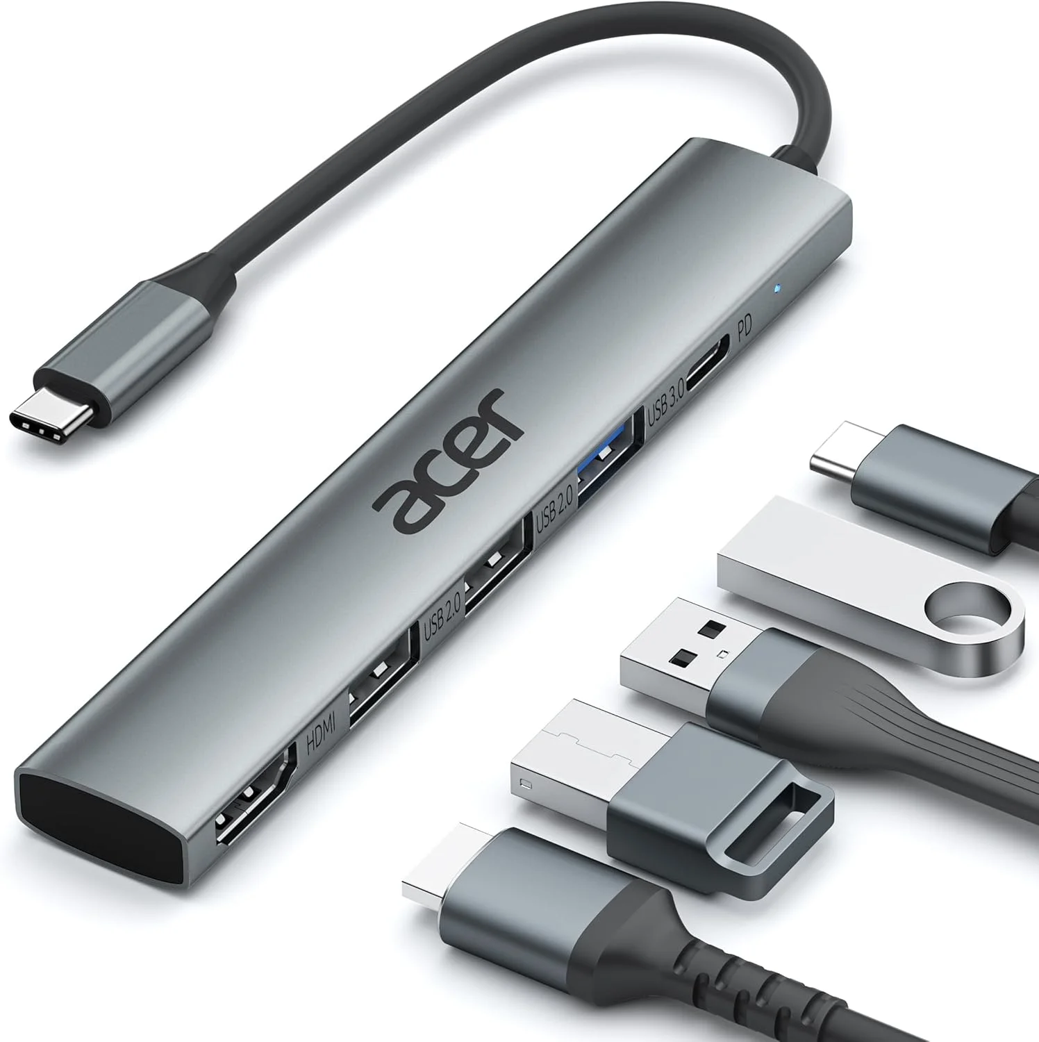 هاب USB C ایسر به آداپتور HDMI 4K، توسعه دهنده Type-C [5 در 1] اسپلیتر USB چند پورت با PD 100W، 3 پورت داده USB A، سازگار برای لپ تاپ تبلت، MacBook Pro/Air، iPhone 16 Pro/Pro Max، iPad Pro