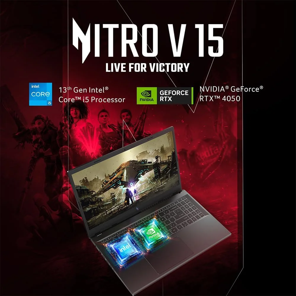 جدیدترین لپ تاپ گیمینگ Acer Nitro V 15 ANV15-51 2023، پردازنده Intel Core i5-13420H، رم 16 گیگابایتی DDR5، حافظه SSD 512 گیگابایتی، صفحه نمایش 15.6 اینچی FHD 144 هرتز، کارت گرافیک NVIDIA RTX 3050 6GB، کیبورد با نور پس زمینه، Thunderbolt 4، ویندوز 11