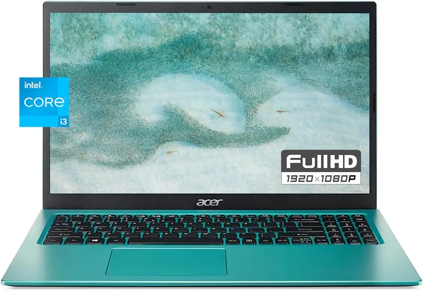 لپ تاپ باریک و ضروری Acer Aspire 3، صفحه نمایش 15.6 اینچی Full HD، رم 20 گیگابایتی، حافظه SSD 1 ترابایتی، پردازنده Intel Core i3، اترنت Rj-45، وب کم HD، HDMI، عمر باتری طولانی، ویندوز 11، آبی-سبز، به همراه لوازم جانبی GM