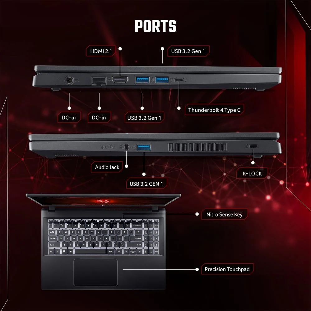 جدیدترین لپ تاپ گیمینگ Acer Nitro V 15 ANV15-51 2023، پردازنده Intel Core i5-13420H، رم 16 گیگابایتی DDR5، حافظه SSD 512 گیگابایتی، صفحه نمایش 15.6 اینچی FHD 144 هرتز، کارت گرافیک NVIDIA RTX 3050 6GB، کیبورد با نور پس زمینه، Thunderbolt 4، ویندوز 11