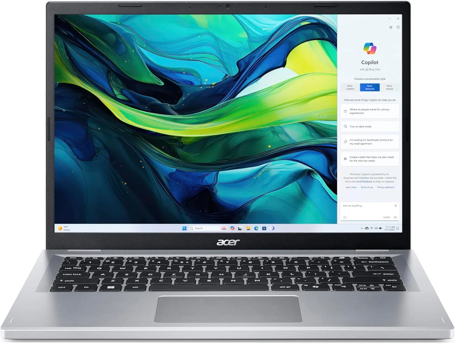 لپ تاپ Acer Aspire Go AG14 نسل سیزدهم Intel Core i7-13620H با 10 هسته تا 4.9 گیگاهرتز / 16 گیگابایت رم DDR5 / 1 ترابایت حافظه SSD / گرافیک Intel Iris XE / صفحه نمایش 14 اینچی WUXGA IPS / ویندوز 11 هوم / WiFi-6 / نقره ای خالص