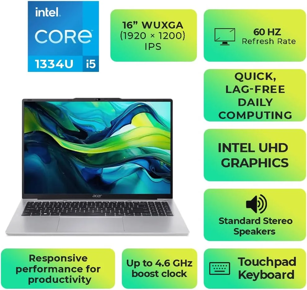 لپ تاپ 16 اینچی Acer Aspire Lite مدل AL16-52P-52JZ | پردازنده نسل سیزدهم Intel Core i5-1334U | رم 16 گیگابایتی DDR5 | حافظه SSD 512 گیگابایتی | گرافیک UHD | نمایشگر IPS ComfyView | ویندوز 11 پرو (ارتقا یافته) - نقره ای روشن لپ تاپ 16 اینچی Acer Aspire Lite مدل AL16-52P-52JZ | پردازنده نسل سیزدهم Intel Core i5-1334U | رم 16 گیگابایتی DDR5 | حافظه SSD 512 گیگابایتی | گرافیک UHD | نمایشگر IPS ComfyView | ویندوز 11 پرو (ارتقا یافته) - نقره ای روشن