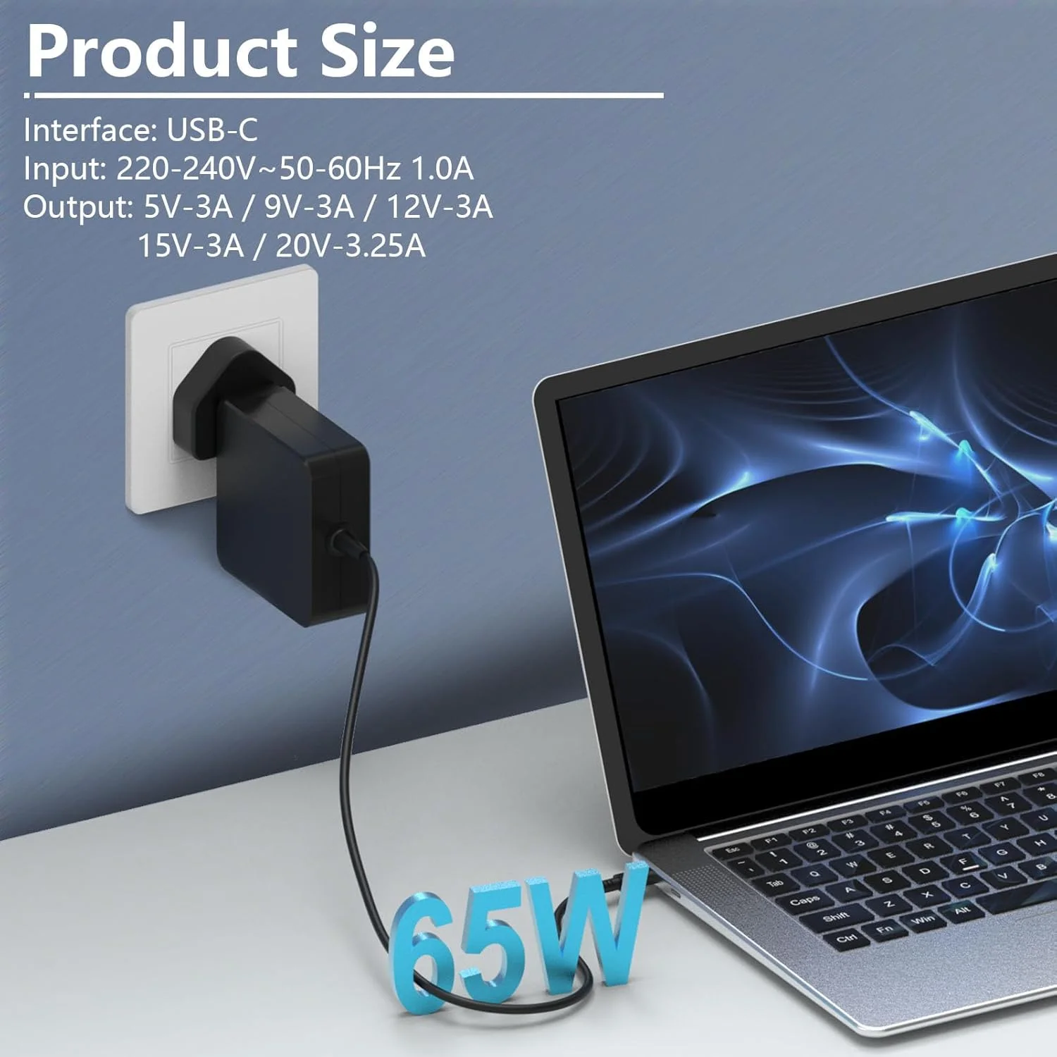شارژر لپ تاپ 65 واتی USB-C، سازگار با کروم بوک های HP، لنوو ThinkPad Yoga، ایسوس، دل XPS، ایسر، سامسونگ، هواوی، شیائومی و سایر دستگاه های Type C