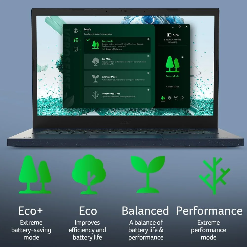 ایسر اسپایر ورو AV14-52P-55N4 اینتل Evo Green PC | نمایشگر 14 اینچی FHD IPS 100% sRGB | اینتل Core i5-1335U | گرافیک اینتل Iris Xe | 8 گیگابایت LPDDR4X | 512 گیگابایت SSD Gen 4 | Killer Wi-Fi 6E | مواد PCR