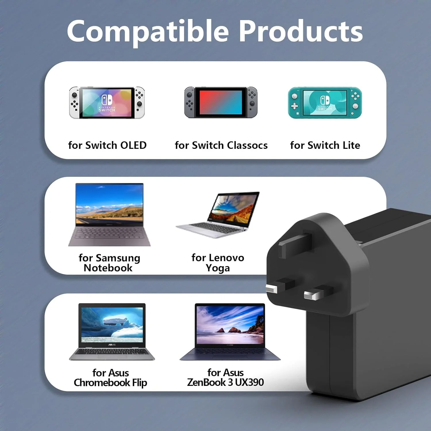 شارژر لپ تاپ 65 واتی USB-C، سازگار با کروم بوک های HP، لنوو ThinkPad Yoga، ایسوس، دل XPS، ایسر، سامسونگ، هواوی، شیائومی و سایر دستگاه های Type C