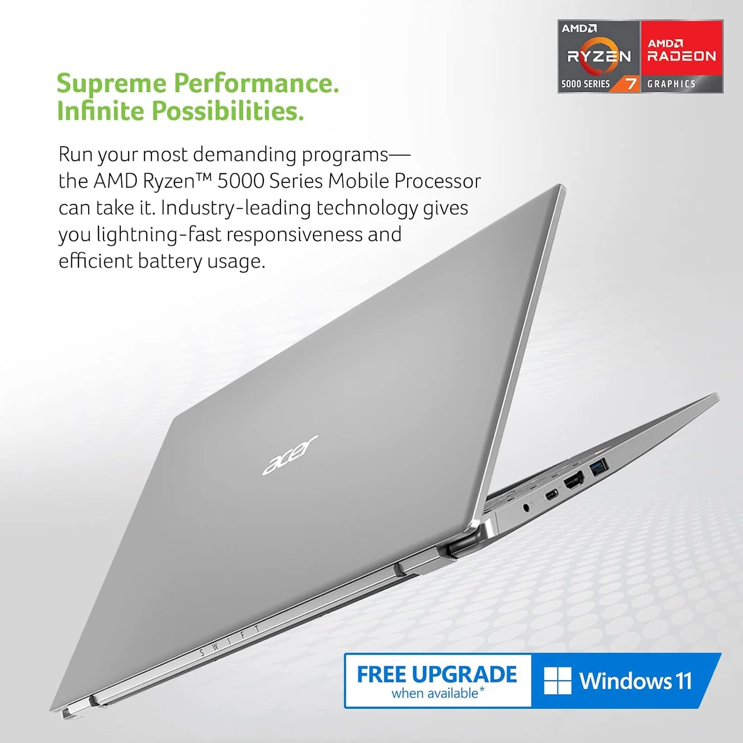 لپ تاپ سبک و باریک Acer Swift 3 | نمایشگر 14 اینچی Full HD IPS 100% sRGB | پردازنده هشت هسته ای AMD Ryzen 7 5700U | 8 گیگابایت LPDDR4X | 512 گیگابایت NVMe SSD | WiFi 6 | صفحه کلید با نور پس زمینه | FPR | آمازون الکسا | SF314-43-R2YY لپ تاپ سبک و باریک Acer Swift 3 | نمایشگر 14 اینچی Full HD IPS 100% sRGB | پردازنده هشت هسته ای AMD Ryzen 7 5700U | 8 گیگابایت LPDDR4X | 512 گیگابایت NVMe SSD | WiFi 6 | صفحه کلید با نور پس زمینه | FPR | آمازون الکسا | SF314-43-R2YY