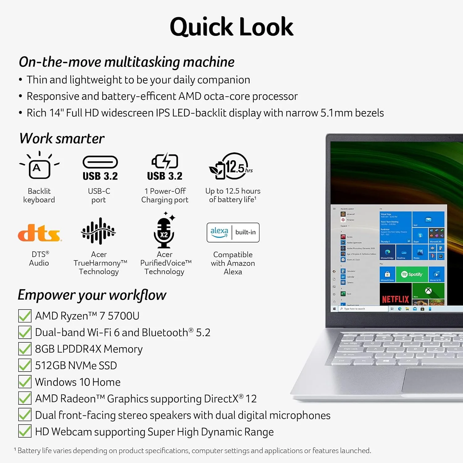 لپ تاپ سبک و باریک Acer Swift 3 | نمایشگر 14 اینچی Full HD IPS 100% sRGB | پردازنده هشت هسته ای AMD Ryzen 7 5700U | 8 گیگابایت LPDDR4X | 512 گیگابایت NVMe SSD | WiFi 6 | صفحه کلید با نور پس زمینه | FPR | آمازون الکسا | SF314-43-R2YY لپ تاپ سبک و باریک Acer Swift 3 | نمایشگر 14 اینچی Full HD IPS 100% sRGB | پردازنده هشت هسته ای AMD Ryzen 7 5700U | 8 گیگابایت LPDDR4X | 512 گیگابایت NVMe SSD | WiFi 6 | صفحه کلید با نور پس زمینه | FPR | آمازون الکسا | SF314-43-R2YY