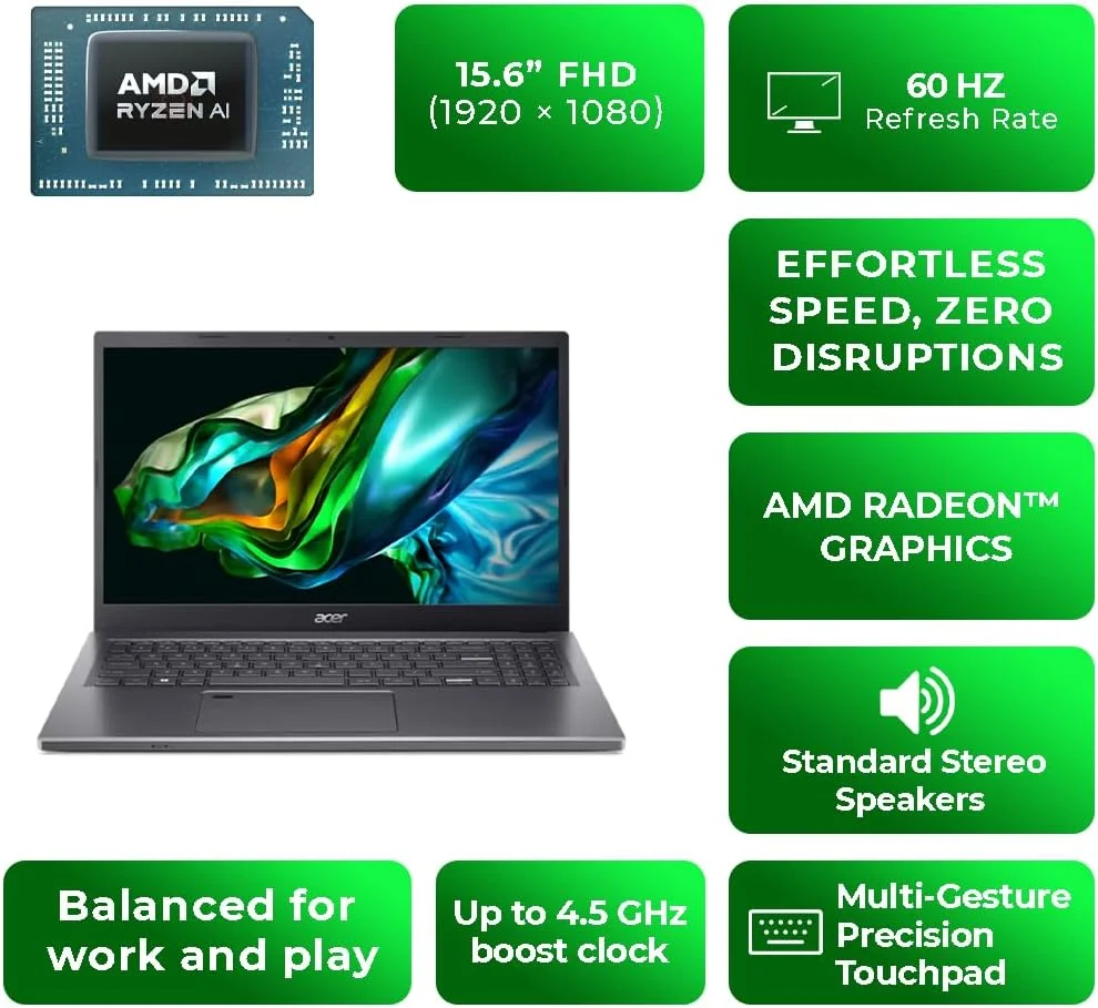 لپ تاپ 15.6 اینچی FHD ایسر اسپایر، AMD Ryzen 7 8840HS، رم 16 گیگابایتی DDR5، حافظه SSD 512 گیگابایتی، گرافیک Radeon، ویندوز 11 پرو، حسگر اثر انگشت، کیبورد با نور پس زمینه، Wi-Fi 6E، A15-41M-R52Y (ارتقا یافته) - آهن