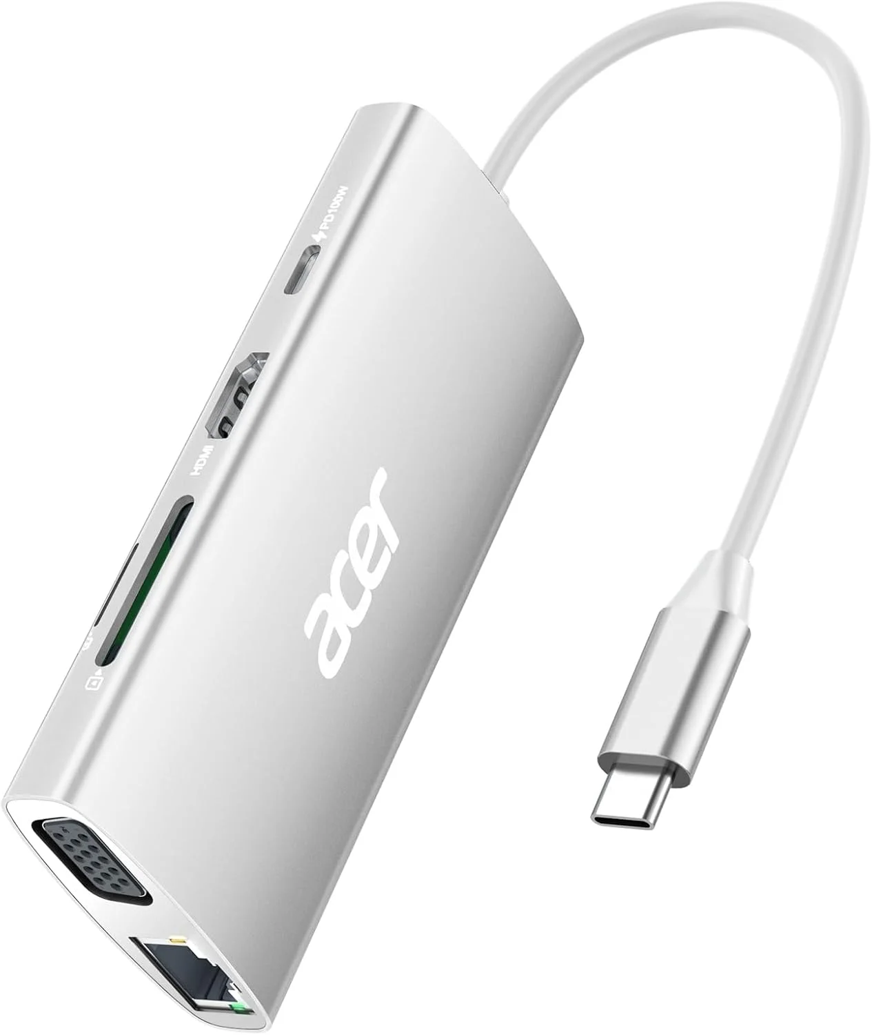 هاب USB C ایسر 9 در 1، آداپتور چند پورت Type-C با VGA، اترنت 1000 مگابیت بر ثانیه، HDMI 4K، کارت خوان SD، USB 3.0، شارژ سریع PD 100 وات، داک توسعه USB C برای iPad Pro، MacBook Pro، لپ تاپ ها - نقره ای