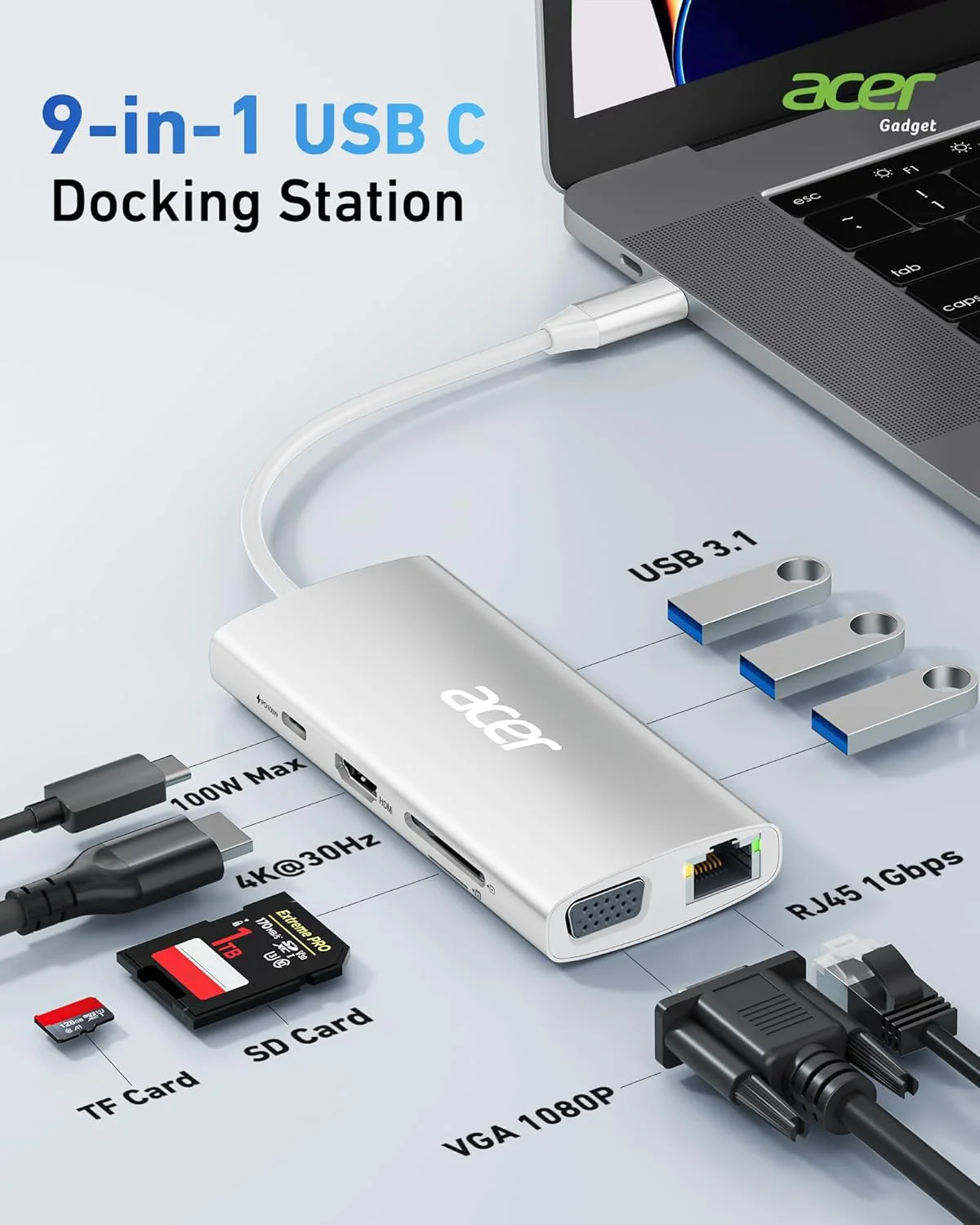 هاب USB C ایسر 9 در 1، آداپتور چند پورت Type-C با VGA، اترنت 1000 مگابیت بر ثانیه، HDMI 4K، کارت خوان SD، USB 3.0، شارژ سریع PD 100 وات، داک توسعه USB C برای iPad Pro، MacBook Pro، لپ تاپ ها - نقره ای