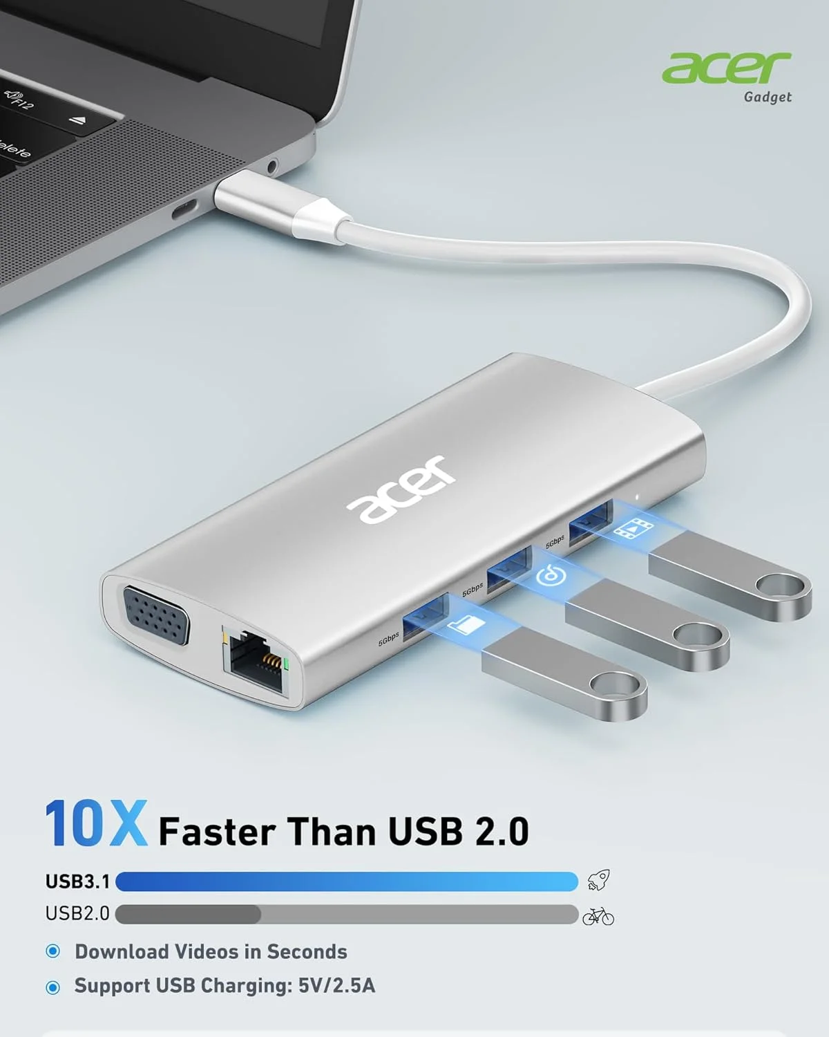 هاب USB C ایسر 9 در 1، آداپتور چند پورت Type-C با VGA، اترنت 1000 مگابیت بر ثانیه، HDMI 4K، کارت خوان SD، USB 3.0، شارژ سریع PD 100 وات، داک توسعه USB C برای iPad Pro، MacBook Pro، لپ تاپ ها - نقره ای