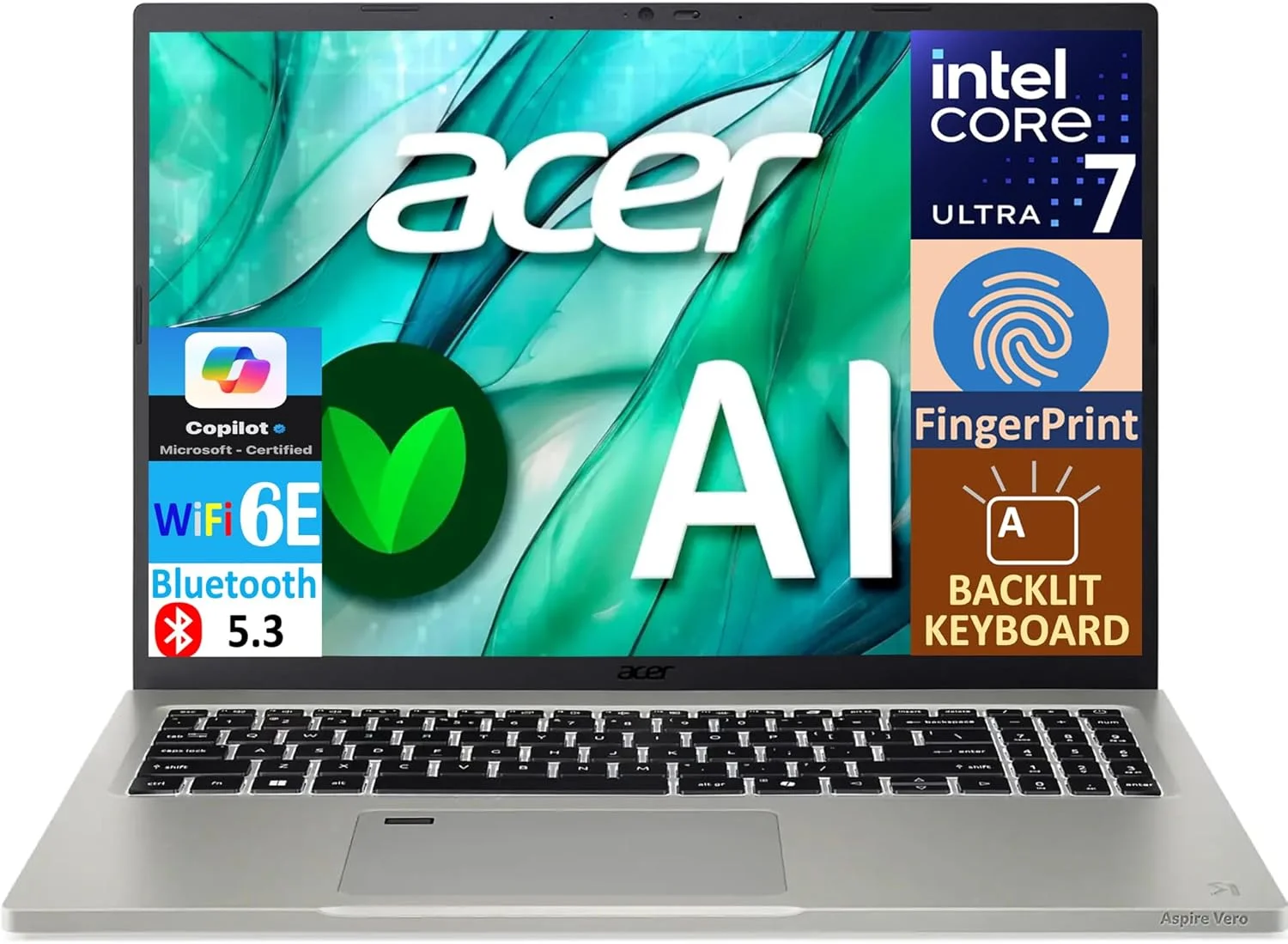 لپ تاپ Acer Aspire Vero 16 مجهز به هوش مصنوعی، صفحه نمایش 16.0 اینچی IPS WQXGA (پردازنده Intel Core Ultra 7 155U، رم 16 گیگابایتی LPDDR5X، حافظه SSD 512 گیگابایتی PCIe، گرافیک Intel، صفحه کلید با نور پس زمینه، حسگر اثر انگشت، 2 پورت Thunderbolt 4، WiFi 6E، ویندوز 11 پرو)