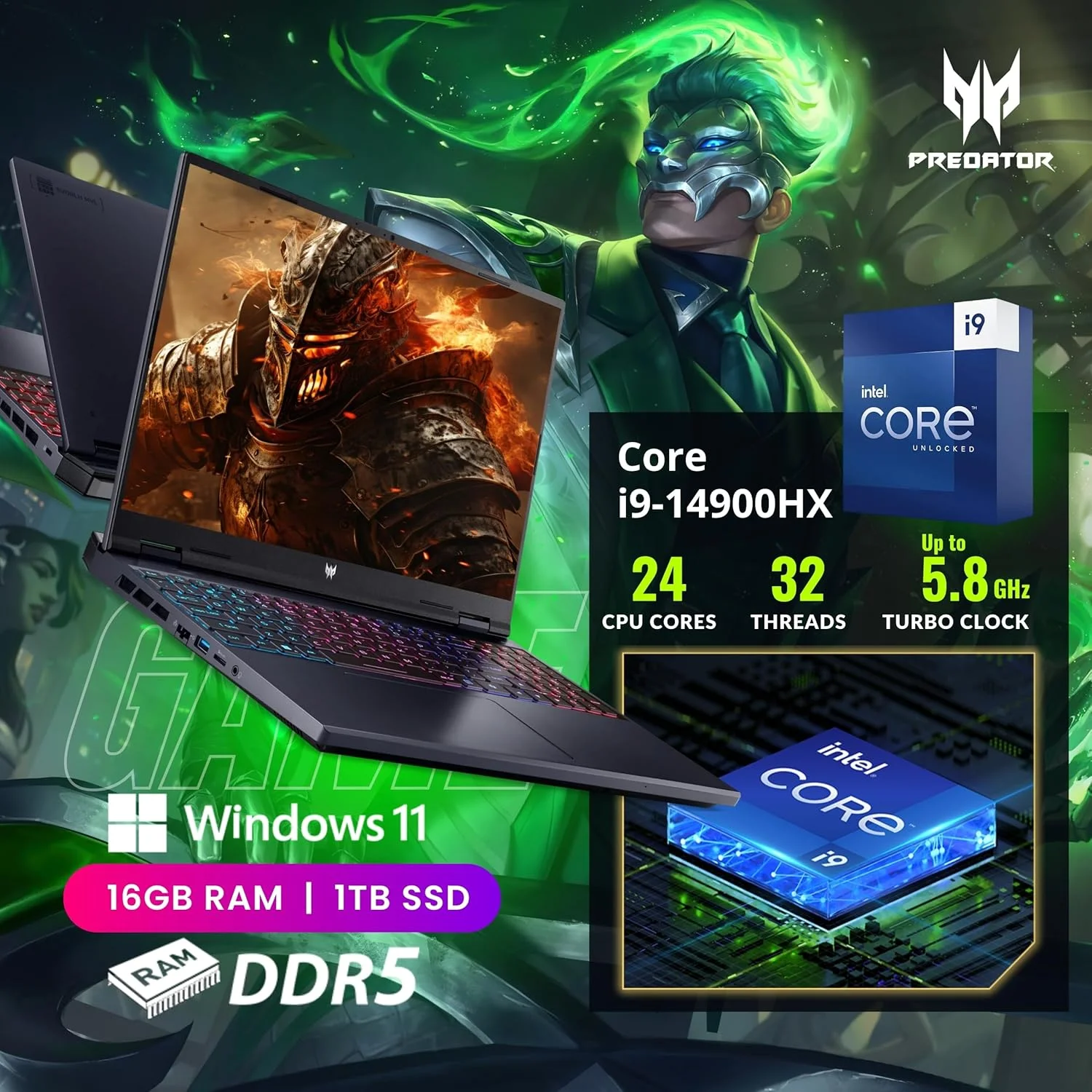 لپ تاپ گیمینگ Acer Predator Helios Neo 16، نمایشگر 16 اینچی 165 هرتز WUXGA، پردازنده Core i9-14900HX (تا 5.80 گیگاهرتز)، کارت گرافیک GeForce RTX 4060، کیبورد با نور پس زمینه RGB، لپ تاپ هوش مصنوعی Copilot، ویندوز 11 هوم، مشکی (16 گیگابایت رم DDR5 | 1 ترابایت SSD)