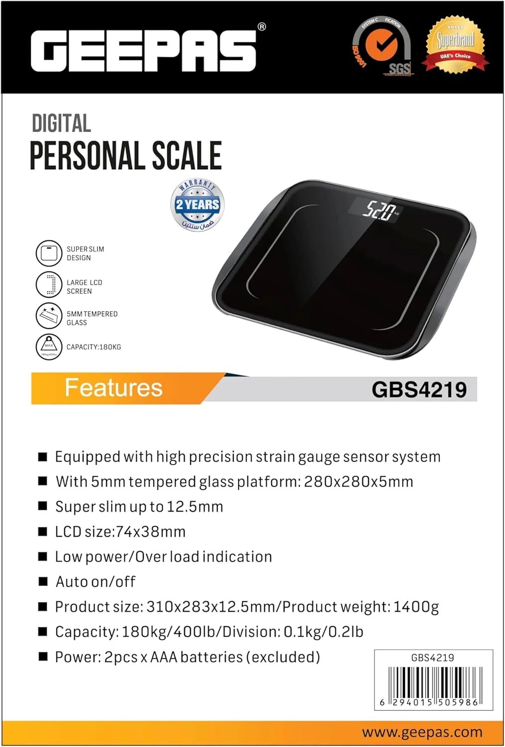 ترازوی دیجیتال شخصی Geepas مدل GBS4219 با صفحه شیشه ای حرارت دیده | نشانگر کم بودن باتری و اضافه بار | صفحه نمایش LCD | روشن/خاموش شدن خودکار | ظرفیت 180 کیلوگرم | 2 سال گارانتی ترازوی دیجیتال شخصی Geepas مدل GBS4219 با صفحه شیشه ای حرارت دیده | نشانگر کم بودن باتری و اضافه بار | صفحه نمایش LCD | روشن/خاموش شدن خودکار | ظرفیت 180 کیلوگرم | 2 سال گارانتی
