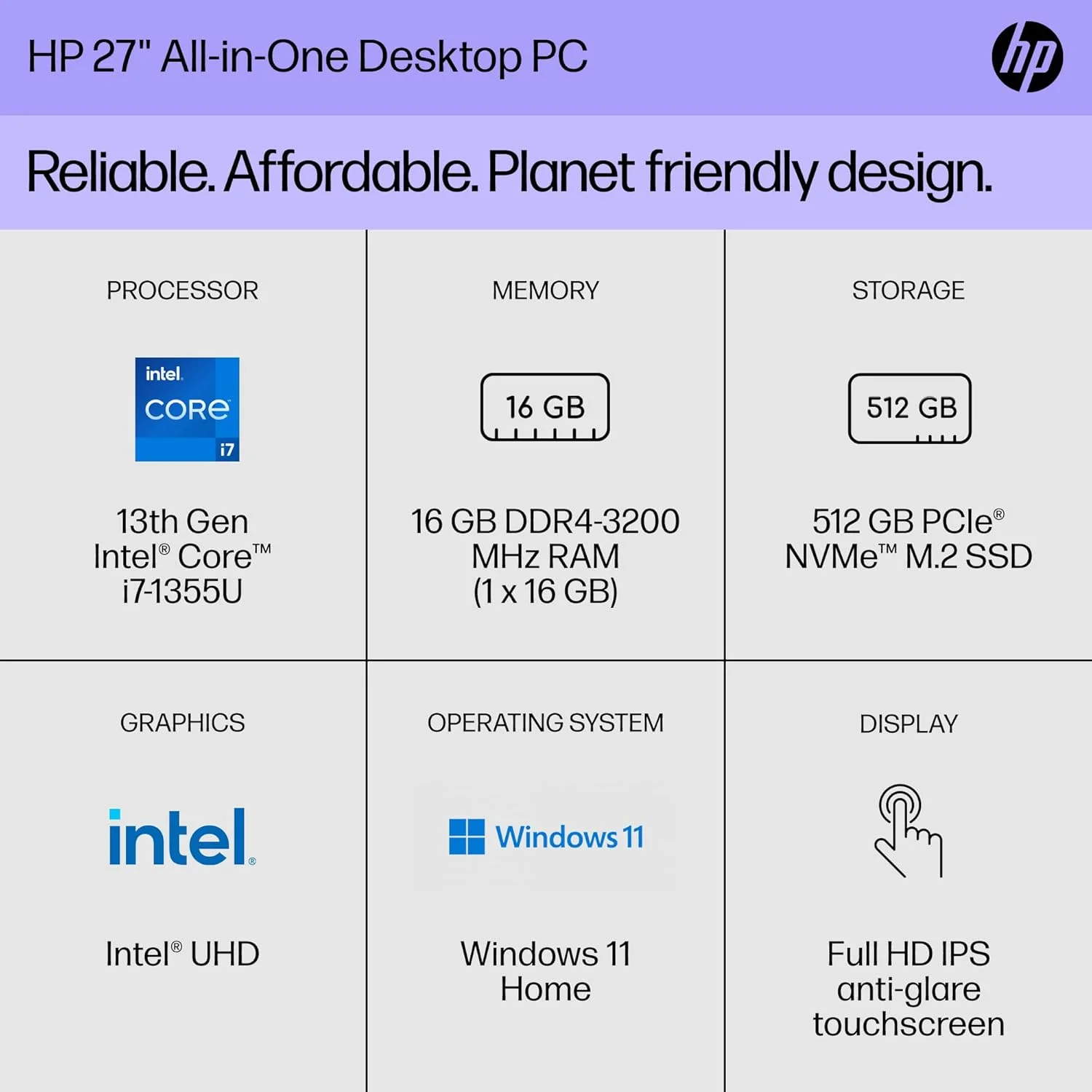 کامپیوتر رومیزی آل این وان 27 اینچی HP، نمایشگر FHD، پردازنده نسل سیزدهم Intel Core i7-1355U، رم 16 گیگابایتی، SSD 512 گیگابایتی، گرافیک Intel UHD، ویندوز 11، بدون قابلیت لمسی (قابل ارتقا)