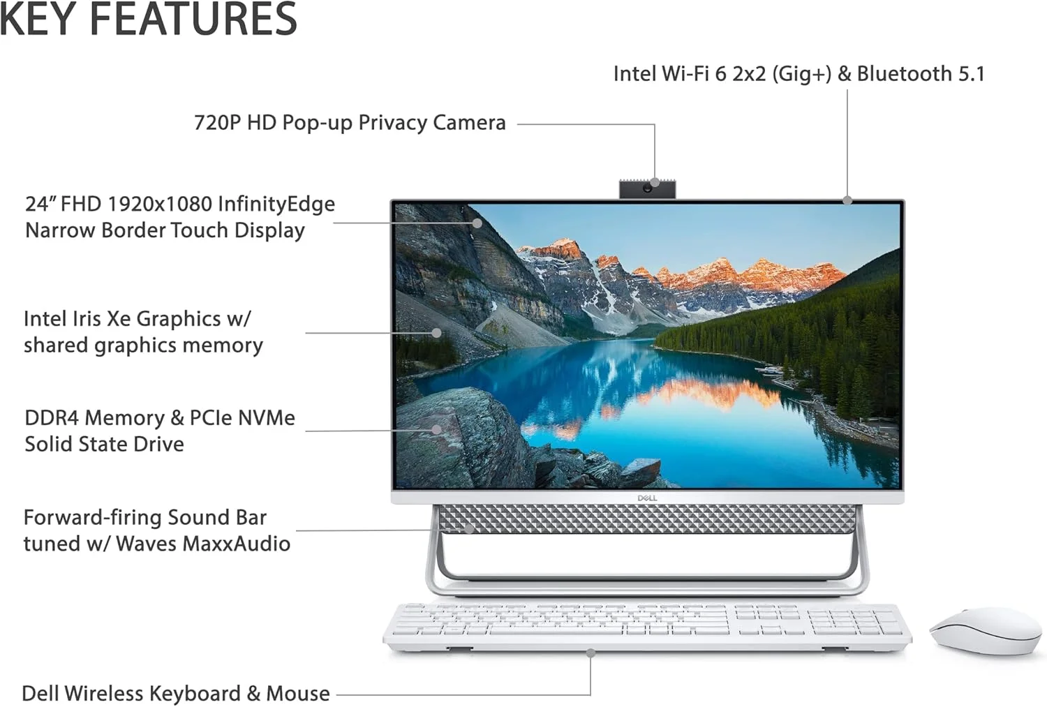 جدیدترین کامپیوتر رومیزی لمسی Dell Inspiron 24 5400 All-in-One، صفحه نمایش لمسی 24 اینچی FHD، پردازنده Intel i5-1135G7، رم 16 گیگابایتی، حافظه SSD 1 ترابایتی، وب کم پاپ آپ، Wi-Fi 6، کیبورد و ماوس بی سیم، ویندوز 11 هوم، نقره ای