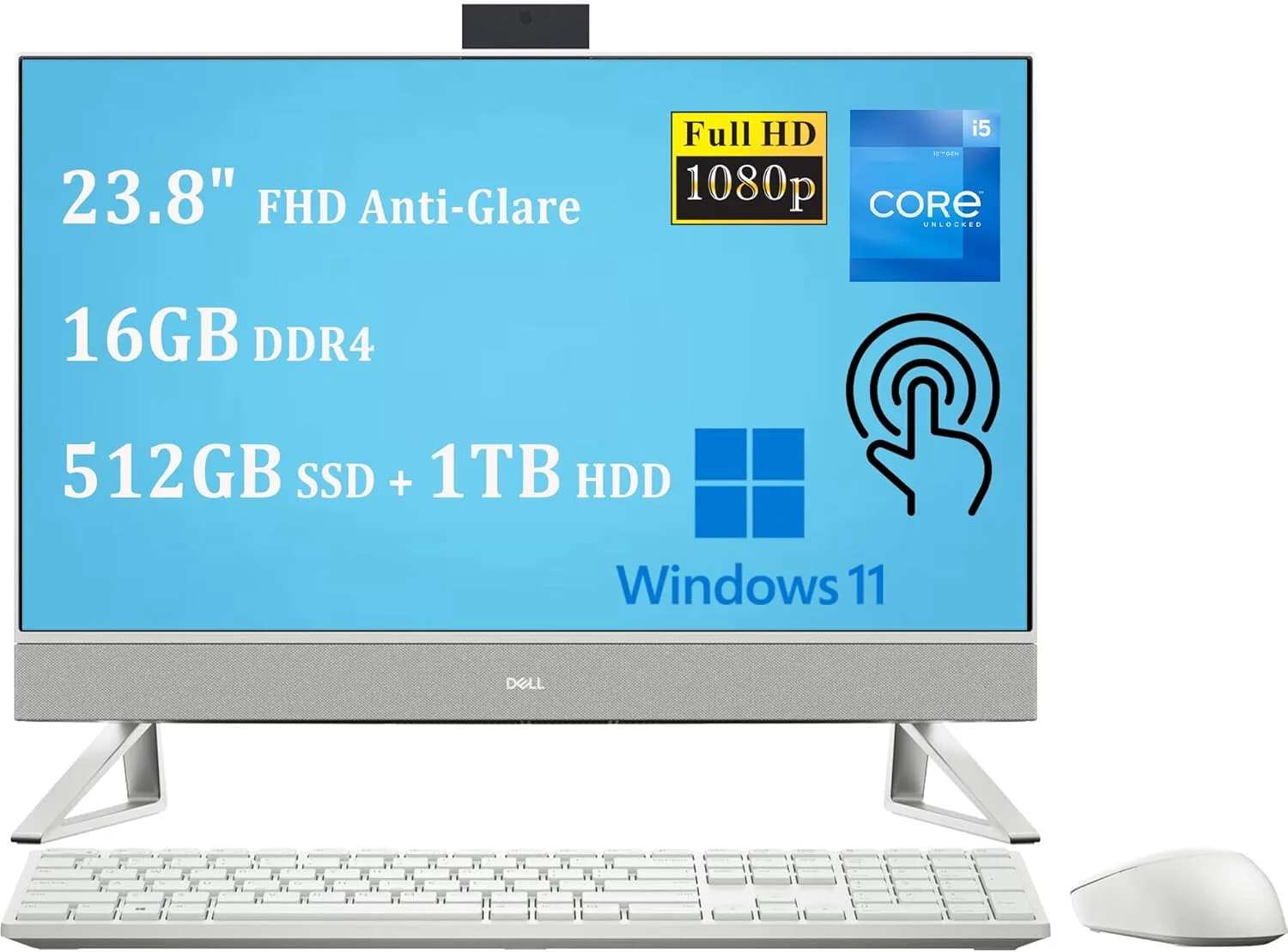 کامپیوتر رومیزی آل این وان Dell Inspiron 5000 5410 24 | صفحه نمایش لمسی 23.8 اینچی FHD ضد تابش نور | نسل دوازدهم اینتل 10 هسته ای i5-1235U (> i7-1195G7) | 16 گیگابایت DDR4 512 گیگابایت SSD 1 ترابایت HDD | USB-C HDMI وب کم Win11 سفید
