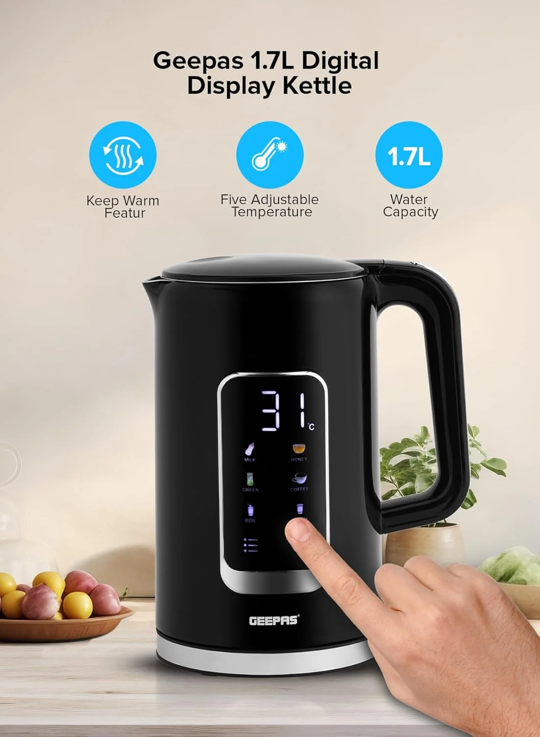 کتری دو لایه Geepas، مشکی، GK38052 | کتری صفحه نمایش دیجیتال 1.7 لیتری با محافظت در برابر جوش خشک/جوش سریع آب، چای و قهوه ساز - 2200 وات