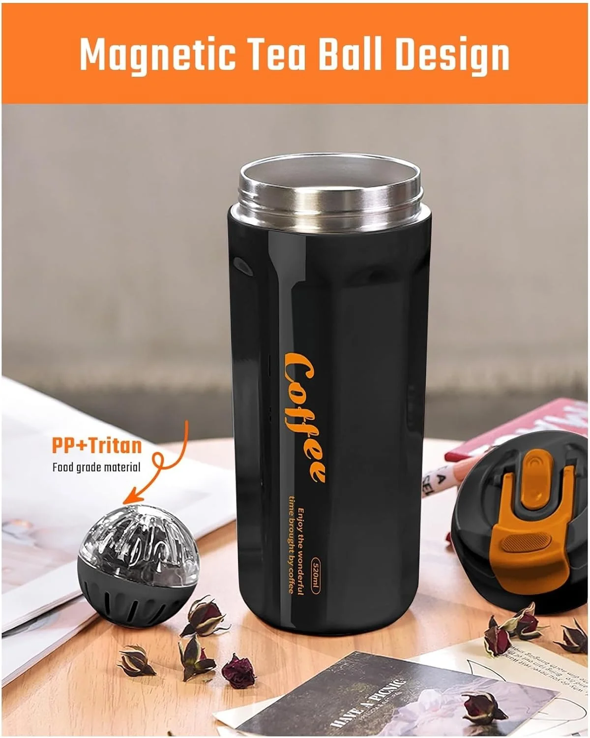 دم‌نوش ساز مغناطیسی KASTWAVE با فلاسک عایق برای دم کردن بی‌نقص چای، ماگ مسافرتی 520 میلی‌لیتری مشکی