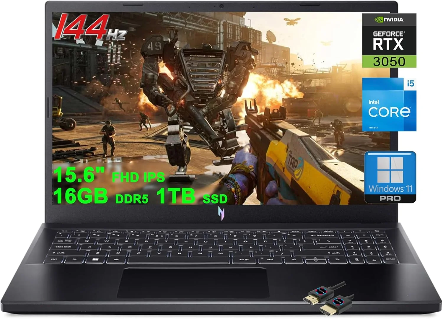 لپ تاپ گیمینگ ایسر Nitro 5 | صفحه نمایش 15.6 اینچ FHD IPS 144Hz | پردازنده Intel 8-Core i5-13420H (>i7-12650H) | رم 16GB DDR5 حافظه 1TB SSD | کارت گرافیک GeForce RTX 3050 6GB | نور پس زمینه Thunderbolt Win11Pro مشکی + کابل HDMI