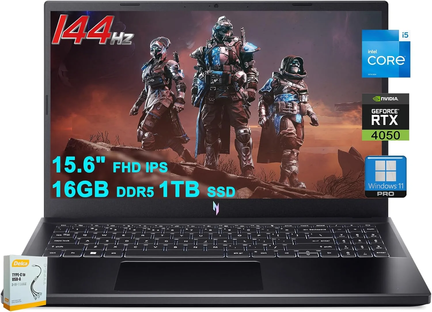 لپ تاپ گیمینگ Acer Nitro V 15 | صفحه نمایش 15.6 اینچی FHD IPS 144Hz | پردازنده 8 هسته ای Intel i5-13420H | رم 16 گیگابایتی DDR5 SSD 1 ترابایتی | کارت گرافیک GeForce RTX 4050 | کیبورد با نور پس زمینه USB-C Win11Pro به همراه لوازم جانبی DLCA