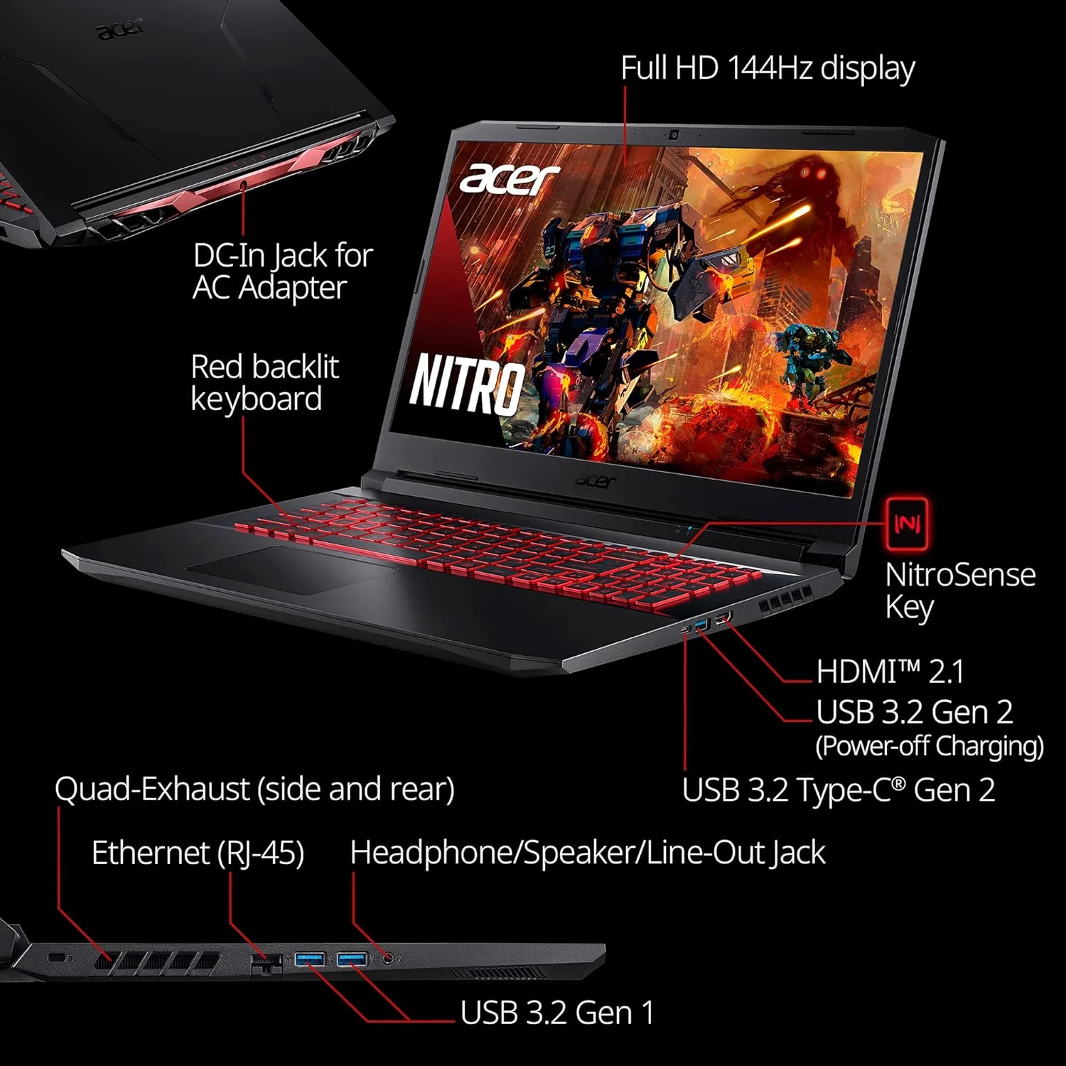 لپ تاپ گیمینگ Acer Nitro 5 AN517-54-79L1 | پردازنده Intel Core i7-11800H | کارت گرافیک NVIDIA GeForce RTX 3050Ti | صفحه نمایش 17.3 اینچی FHD 144Hz IPS | رم 16 گیگابایتی DDR4 | حافظه SSD NVMe 1 ترابایتی | Killer Wi-Fi 6 | کیبورد با نور پس زمینه | ویندوز 11