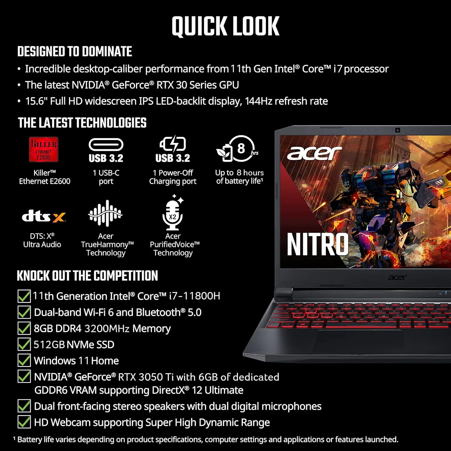 لپ تاپ گیمینگ Acer Nitro 5 AN515-57-79TD | پردازنده Intel Core i7-11800H | کارت گرافیک NVIDIA GeForce RTX 3050 Ti | صفحه نمایش 15.6 اینچی FHD 144Hz IPS | رم 8 گیگابایتی DDR4 | حافظه SSD NVMe 512 گیگابایتی | Killer Wi-Fi 6 | کیبورد با نور پس زمینه