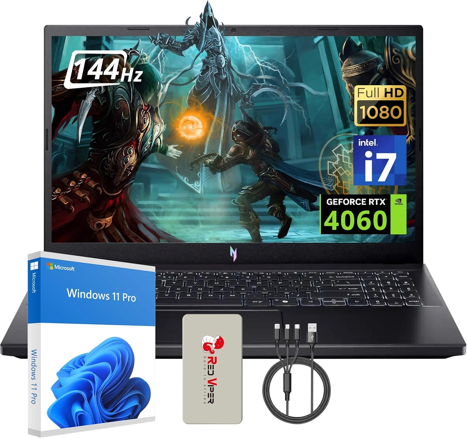 لپ تاپ گیمینگ ایسر Nitro V 15، صفحه نمایش 15.6 اینچی FHD 144 هرتز، پردازنده Intel i7-13620H، کارت گرافیک NVIDIA GeForce RTX 4060، رم 16 گیگابایتی DDR5، حافظه SSD 512 گیگابایتی، کیبورد با نور پس زمینه، وب کم، مشکی، ویندوز 11 پرو، مجموعه داکینگ استیشن 128 گیگابایتی