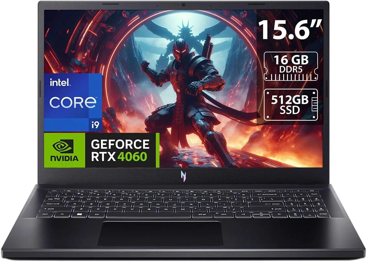 لپ تاپ گیمینگ ایسر Nitro V 15: پردازنده Intel Core i9 13900H (تا 5.4 گیگاهرتز), 16 گیگابایت رم DDR5, 512 گیگابایت SSD, صفحه نمایش 15.6 اینچی LED, کارت گرافیک NVIDIA GeForce RTX 4060, ویندوز 11 هوم, کیبورد انگلیسی