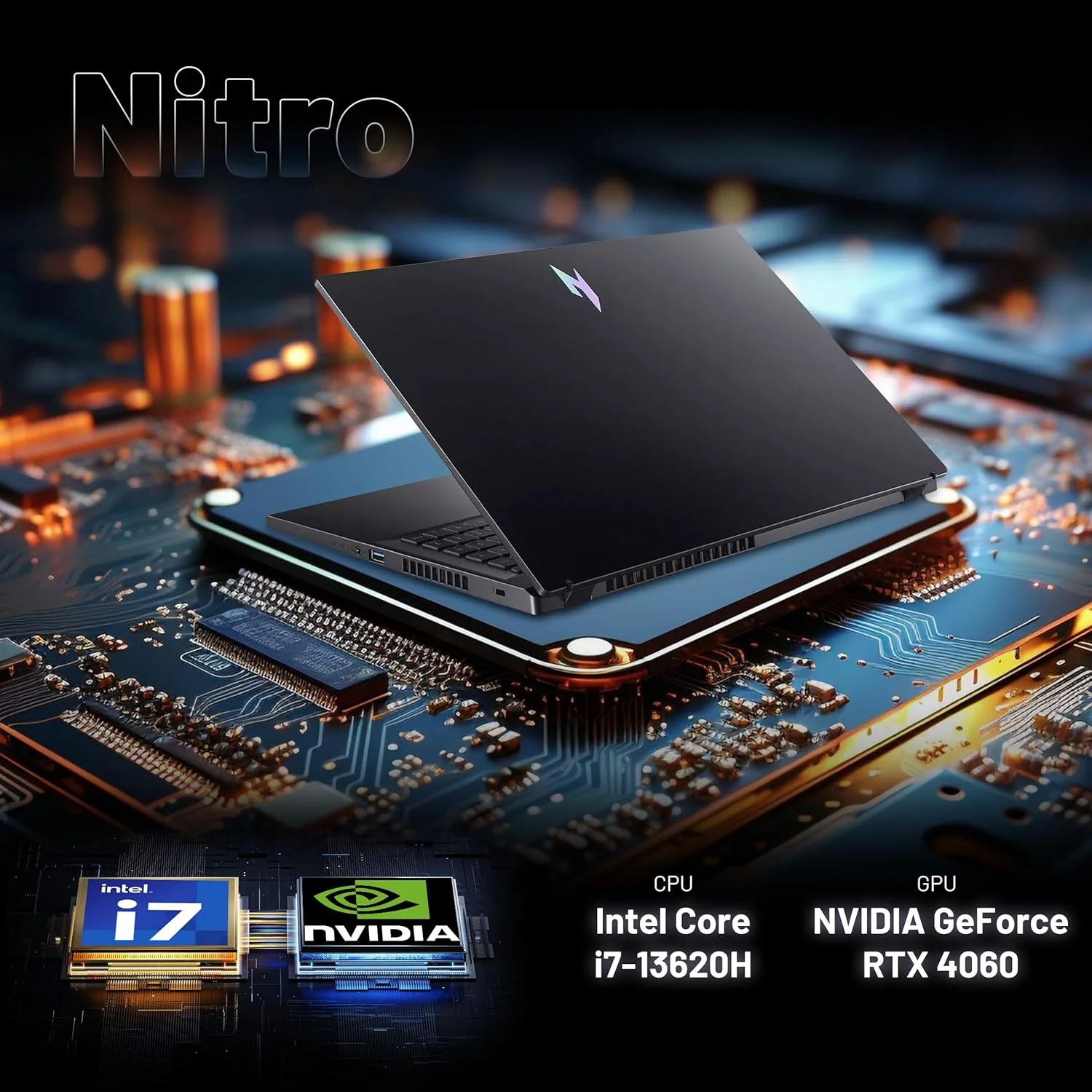 لپ تاپ گیمینگ ایسر Nitro V 15، صفحه نمایش 15.6 اینچی FHD 144 هرتز، پردازنده Intel i7-13620H، کارت گرافیک NVIDIA GeForce RTX 4060، رم 16 گیگابایتی DDR5، حافظه SSD 512 گیگابایتی، کیبورد با نور پس زمینه، وب کم، مشکی، ویندوز 11 پرو، مجموعه داکینگ استیشن 128 گیگابایتی