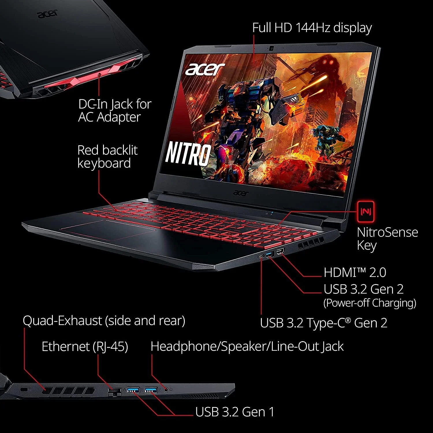 لپ تاپ گیمینگ Acer Nitro 5، نمایشگر 15.6 اینچی FHD 144Hz IPS، پردازنده Intel Core i5-10300H، گرافیک لپ تاپ GeForce RTX 3050، رم 16 گیگابایتی DDR4، اس اس دی 2 ترابایتی NVMe، Intel Wi-Fi 6، صفحه کلید با نور پس زمینه، ویندوز 10