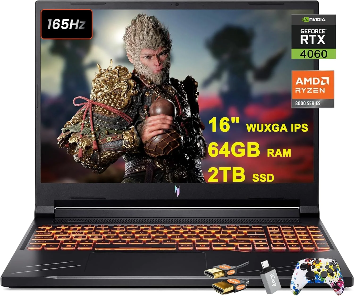 لپ تاپ گیمینگ ایسر Nitro V 16 با صفحه نمایش 16 اینچی WUXGA IPS 165Hz، پردازنده AMD Zen 4 هشت هسته ای Ryzen 7 8845HS (بهتر از i7-12700H)، رم 64 گیگابایتی، حافظه SSD 2 ترابایتی، کارت گرافیک GeForce RTX 4060 8GB، نور پس زمینه صفحه کلید، ویندوز 11 به همراه لوازم جانبی