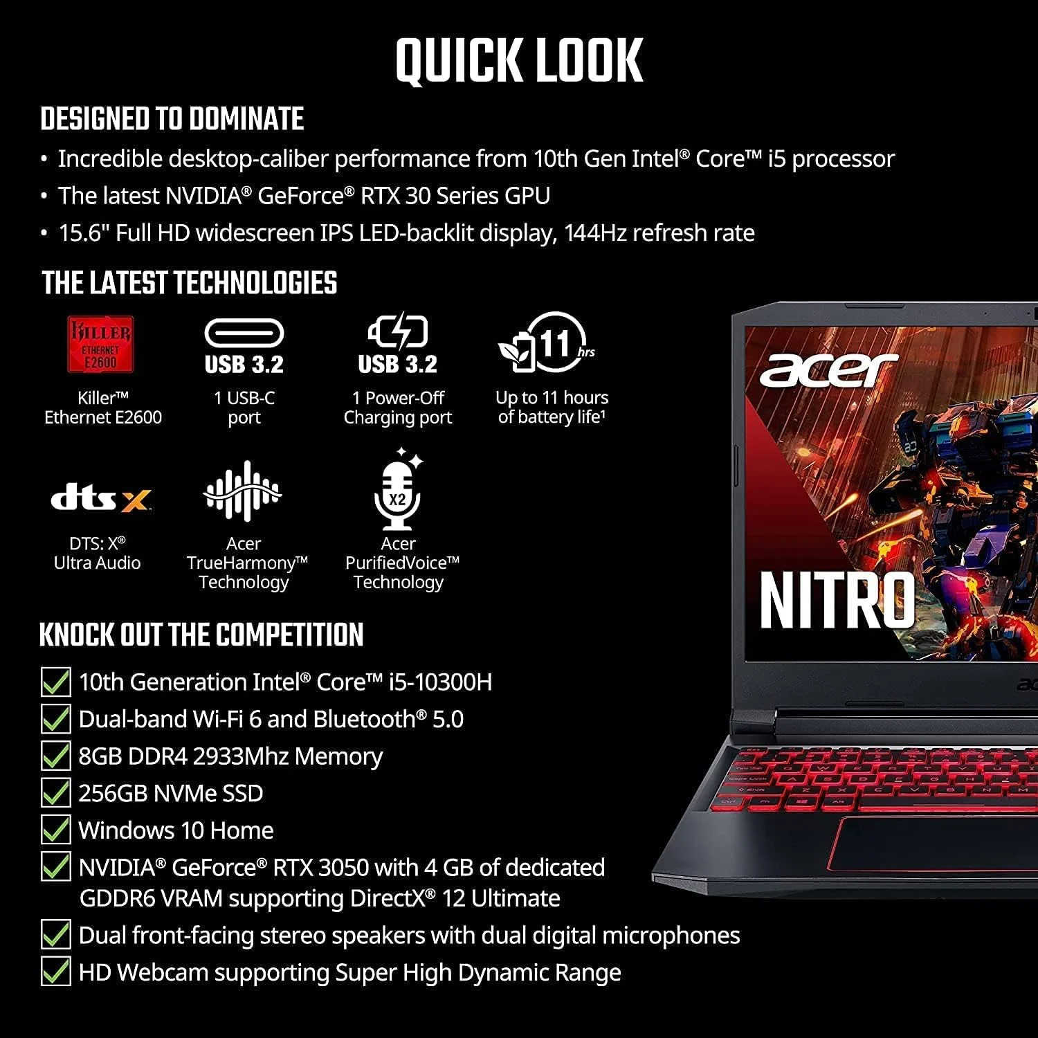 لپ تاپ گیمینگ ایسر نیترو 5، پردازنده Intel i5-10300H 4.5GHz، کارت گرافیک NVIDIA GeForce RTX 3050 4GB GDDR6، صفحه نمایش 15.6 اینچی FHD IPS 144Hz، Wi-Fi 6، Type-C، کیبورد با نور پس زمینه، ویندوز 10، همراه با لوازم جانبی (16 گیگابایت رم | 512 گیگابایت PCIe SSD) لپ تاپ گیمینگ ایسر نیترو 5، پردازنده Intel i5-10300H 4.5GHz، کارت گرافیک NVIDIA GeForce RTX 3050 4GB GDDR6، صفحه نمایش 15.6 اینچی FHD IPS 144Hz، Wi-Fi 6، Type-C، کیبورد با نور پس زمینه، ویندوز 10، همراه با لوازم جانبی (16 گیگابایت رم | 512 گیگابایت PCIe SSD)