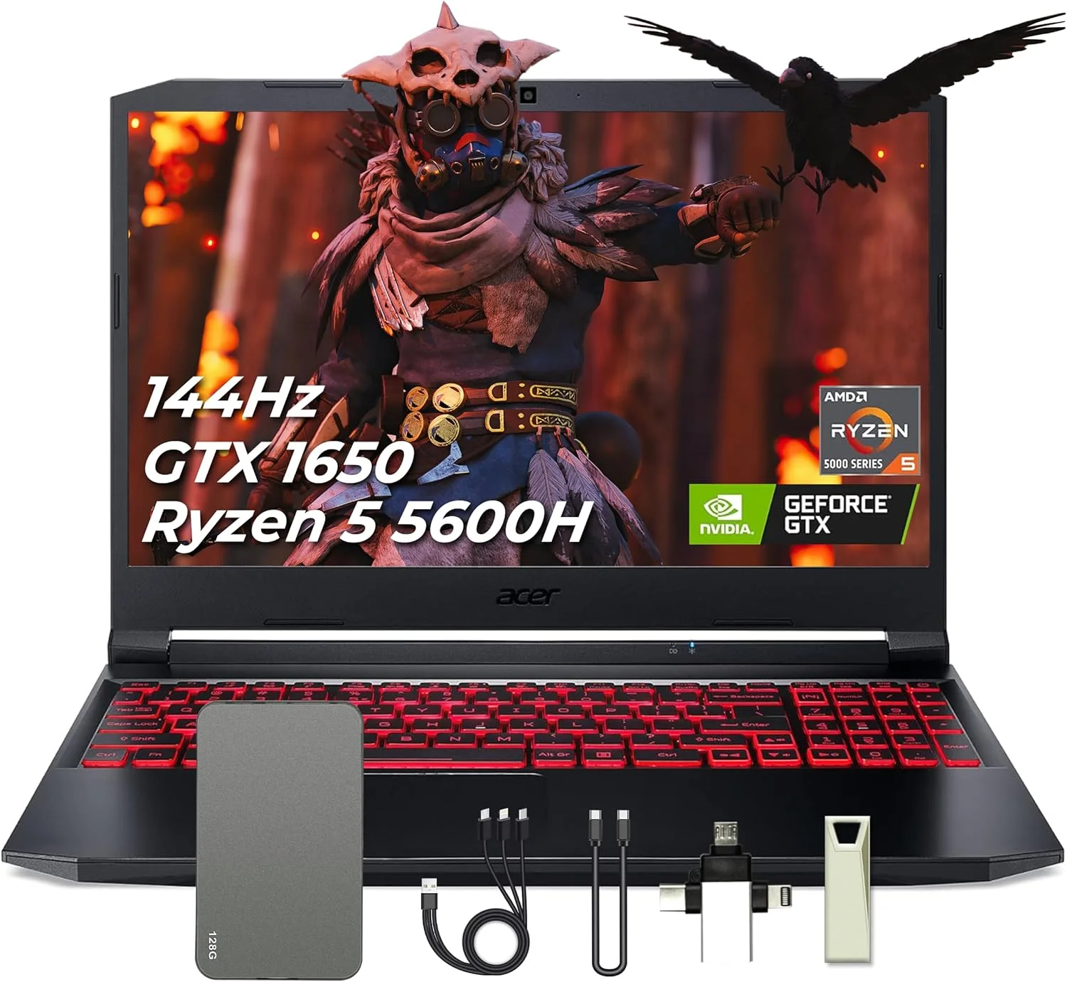 لپ تاپ گیمینگ Acer Nitro 5 با صفحه نمایش 15.6 اینچی FHD 144Hz، رم 32 گیگابایت، SSD NVMe 1 ترابایت، پردازنده AMD Ryzen 7 5600H، کارت گرافیک NVIDIA GeForce GTX 1650، کیبورد با نور پس زمینه، WiFi 6، مشکی، ویندوز 11، به همراه داک استیشن 128 گیگابایتی