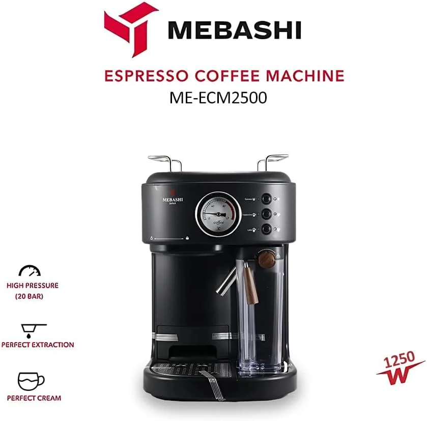 دستگاه اسپرسو ساز مباشی مدل ME-ECM2500 با مخزن شیر 500 میلی لیتری - 1.5 لیتر، 15 بار، مشکی، عملکرد تک دکمه ای (مشکی) | 1250 وات