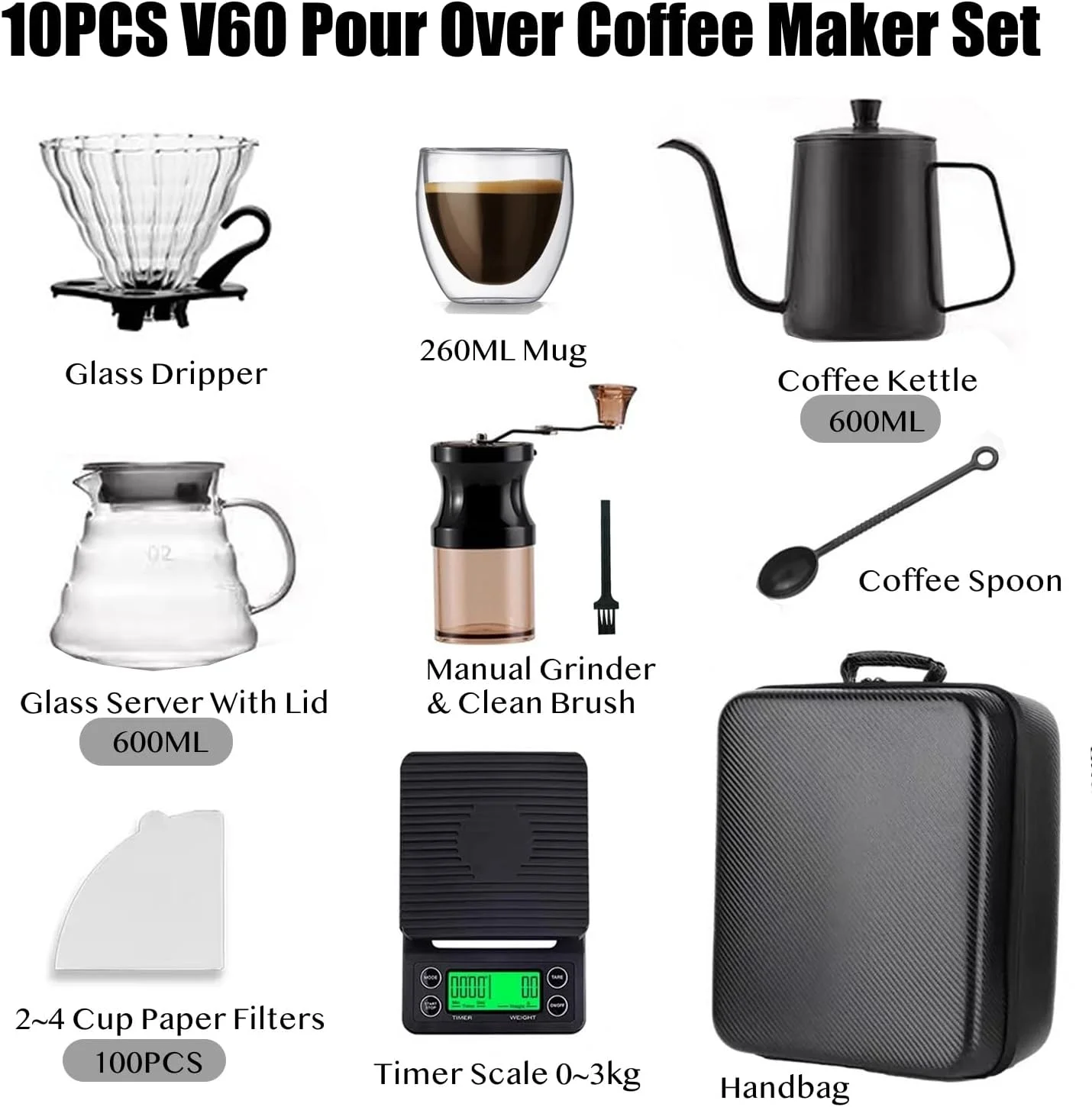 ست قهوه ساز HJB VISSO - بسته 10 عددی کیت قهوه ساز V60 با آسیاب، سرور، کتری، فیلتر، ترازو و قیف شیشه ای چکه ای - ست قهوه مسافرتی در کیف هدیه ست قهوه ساز HJB VISSO - بسته 10 عددی کیت قهوه ساز V60 با آسیاب، سرور، کتری، فیلتر، ترازو و قیف شیشه ای چکه ای - ست قهوه مسافرتی در کیف هدیه
