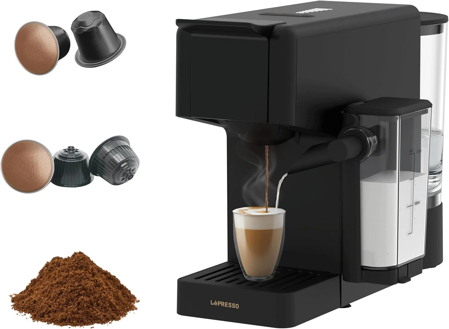 دستگاه قهوه ساز چند کپسولی LePresso Crema Pro با توان 1400 وات، دیگ بخار دوگانه، سیستم کف شیر ساز، ظرفیت 850 میلی لیتر، فشار پمپ 20 بار، پشتیبانی از چند کپسول، سیستم ویژه کرما، خاموش شدن خودکار - مشکی