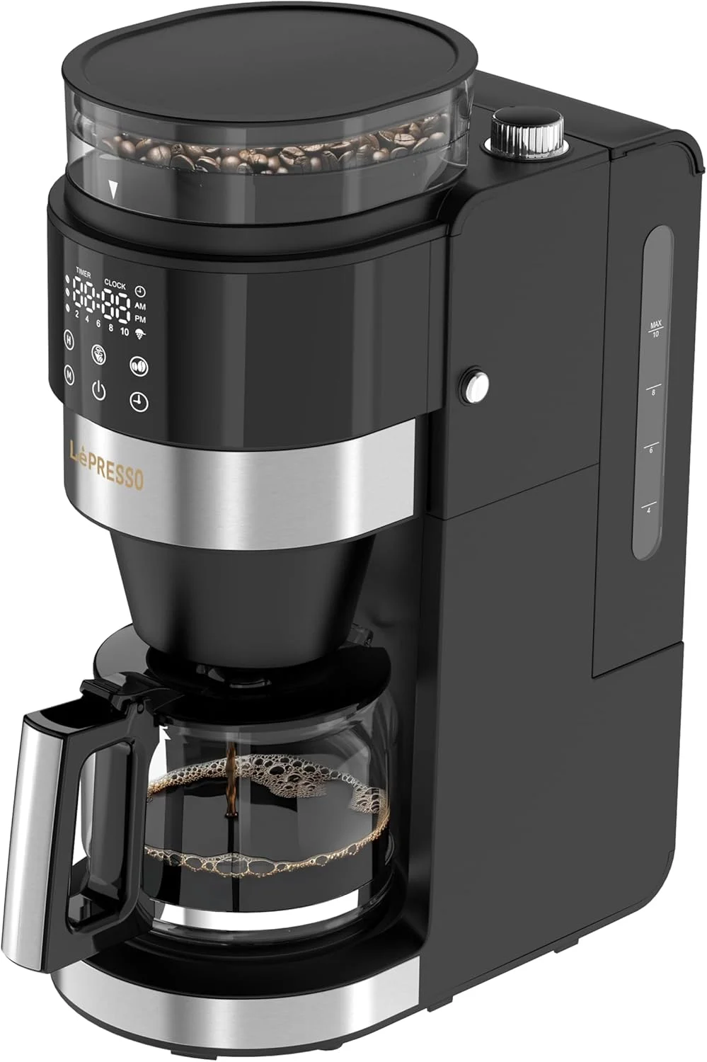 دستگاه قهوه ساز LePresso GrindBrew Pro، قهوه ساز قطره ای با آسیاب مخروطی داخلی، کارافه شیشه ای، مخزن آب 1.35 لیتری، پنل کنترل دیجیتال، عملکرد گرم نگه داشتن، قدرت قابل تنظیم - مشکی
