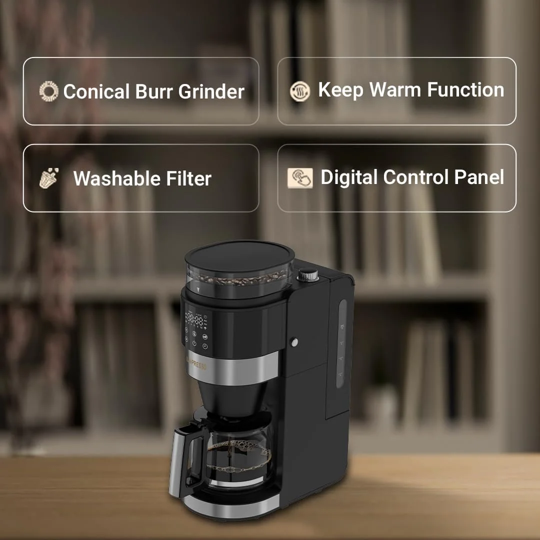 دستگاه قهوه ساز LePresso GrindBrew Pro، قهوه ساز قطره ای با آسیاب مخروطی داخلی، کارافه شیشه ای، مخزن آب 1.35 لیتری، پنل کنترل دیجیتال، عملکرد گرم نگه داشتن، قدرت قابل تنظیم - مشکی دستگاه قهوه ساز LePresso GrindBrew Pro، قهوه ساز قطره ای با آسیاب مخروطی داخلی، کارافه شیشه ای، مخزن آب 1.35 لیتری، پنل کنترل دیجیتال، عملکرد گرم نگه داشتن، قدرت قابل تنظیم - مشکی