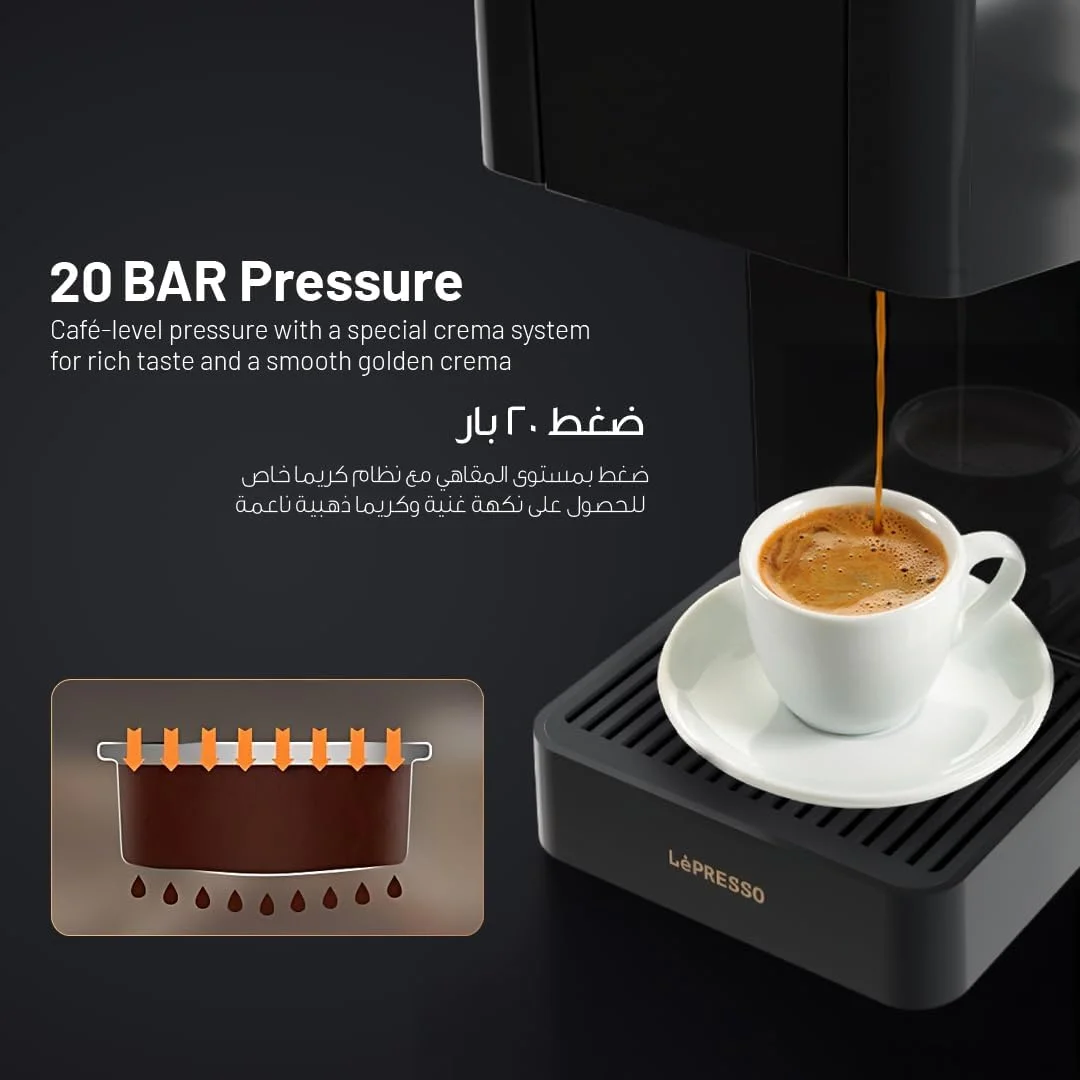 دستگاه قهوه ساز چند کپسولی LePresso Crema Pro با توان 1400 وات، دیگ بخار دوگانه، سیستم کف شیر ساز، ظرفیت 850 میلی لیتر، فشار پمپ 20 بار، پشتیبانی از چند کپسول، سیستم ویژه کرما، خاموش شدن خودکار - مشکی دستگاه قهوه ساز چند کپسولی LePresso Crema Pro با توان 1400 وات، دیگ بخار دوگانه، سیستم کف شیر ساز، ظرفیت 850 میلی لیتر، فشار پمپ 20 بار، پشتیبانی از چند کپسول، سیستم ویژه کرما، خاموش شدن خودکار - مشکی