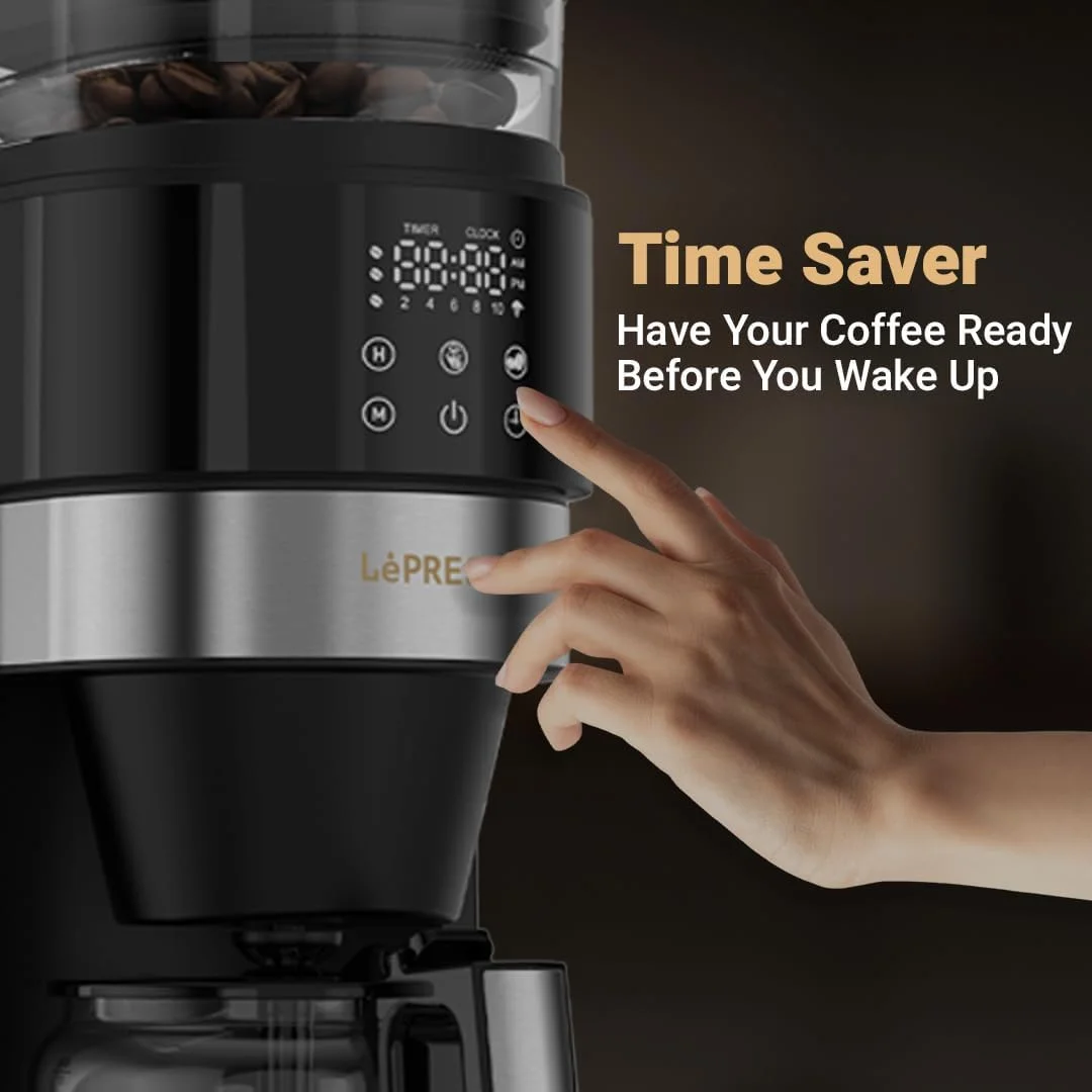 دستگاه قهوه ساز LePresso GrindBrew Pro، قهوه ساز قطره ای با آسیاب مخروطی داخلی، کارافه شیشه ای، مخزن آب 1.35 لیتری، پنل کنترل دیجیتال، عملکرد گرم نگه داشتن، قدرت قابل تنظیم - مشکی دستگاه قهوه ساز LePresso GrindBrew Pro، قهوه ساز قطره ای با آسیاب مخروطی داخلی، کارافه شیشه ای، مخزن آب 1.35 لیتری، پنل کنترل دیجیتال، عملکرد گرم نگه داشتن، قدرت قابل تنظیم - مشکی