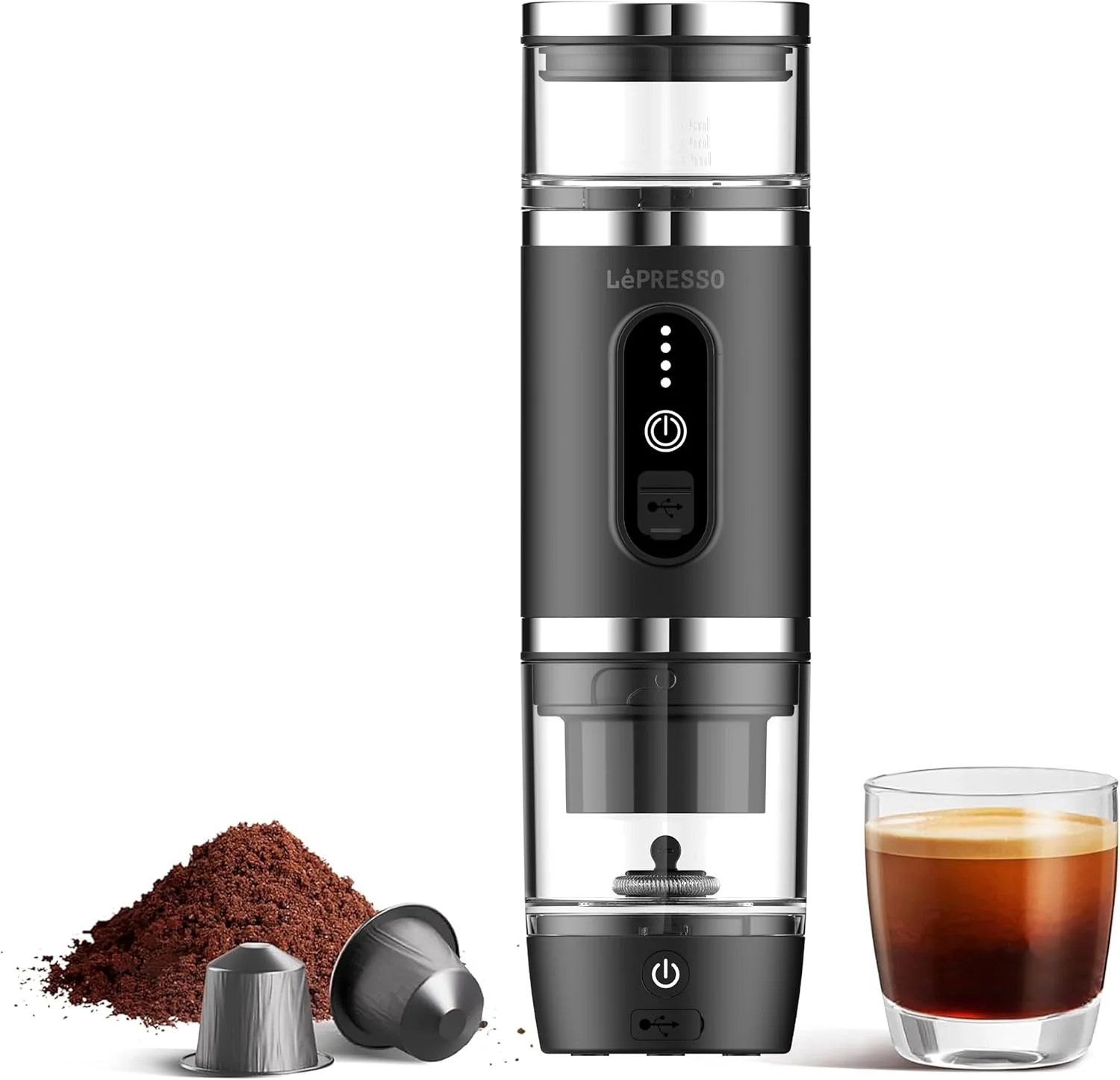 دستگاه قهوه ساز قابل حمل 4 در 1 LePresso PORTABREW با کف ساز شیر [پودر قهوه + کپسول (NS، DG)]، قابل شارژ، 80 میلی لیتر / 20 بار، توان 100 وات، قهوه ساز برقی برای کمپینگ، فضای باز - مشکی