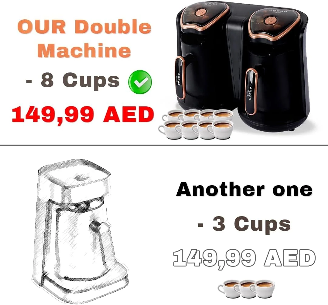 قهوه ساز ترک دو قلو ARSAR PLUS Premium - طراحی زیبا، توان 1200 وات، ظرفیت 1000 میلی لیتر برای تجربه نهایی قهوه