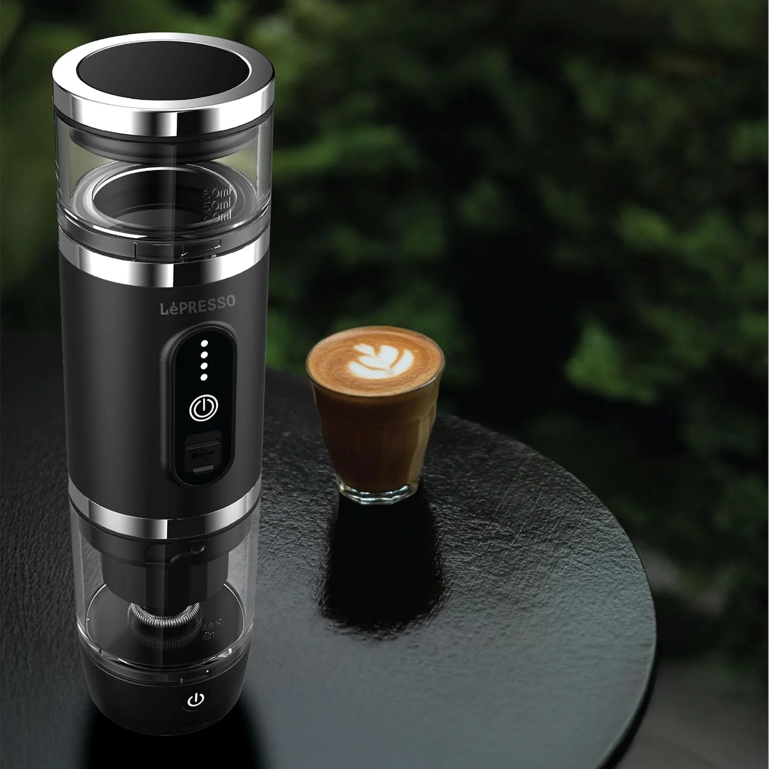 دستگاه قهوه ساز قابل حمل 4 در 1 LePresso PORTABREW با کف ساز شیر [پودر قهوه + کپسول (NS، DG)]، قابل شارژ، 80 میلی لیتر / 20 بار، توان 100 وات، قهوه ساز برقی برای کمپینگ، فضای باز - مشکی