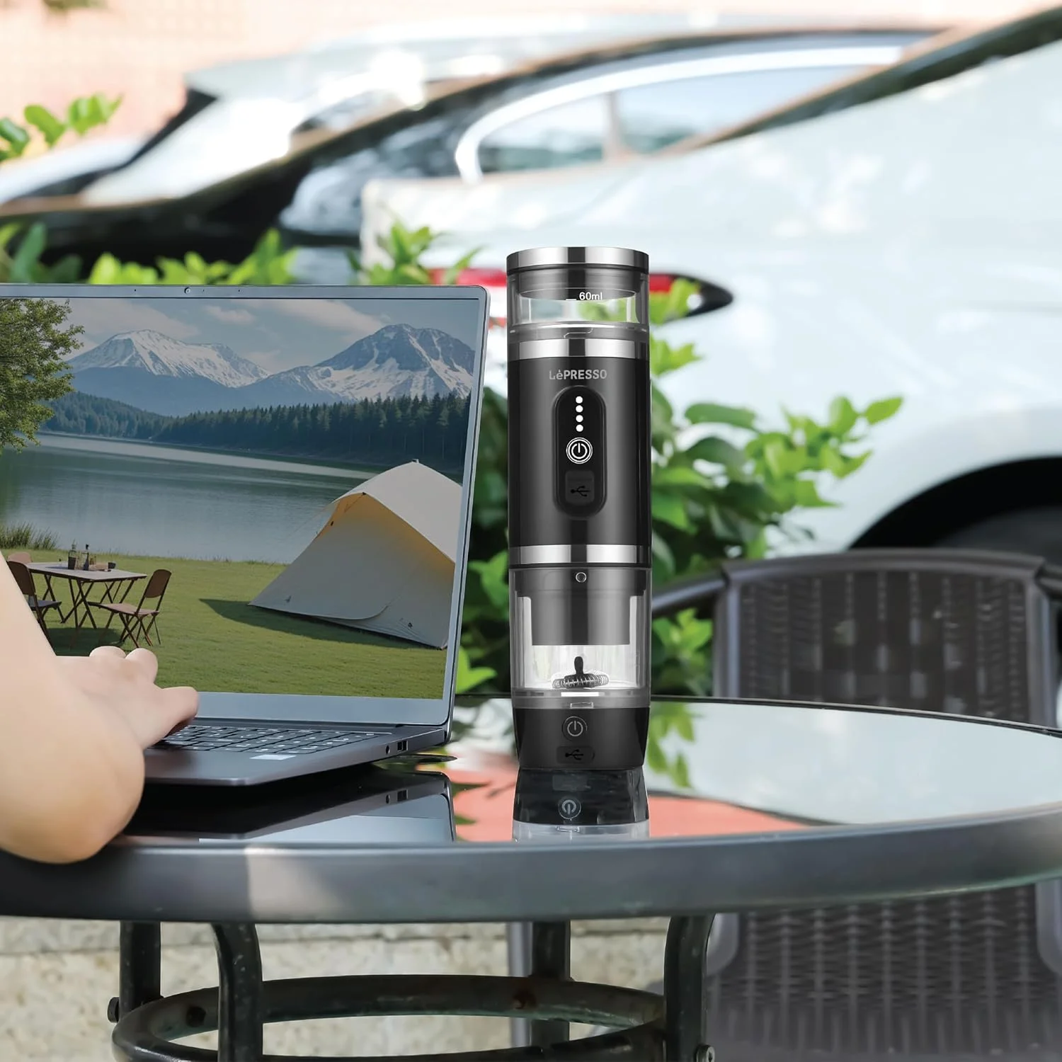 دستگاه قهوه ساز قابل حمل 4 در 1 LePresso PORTABREW با کف ساز شیر [پودر قهوه + کپسول (NS، DG)]، قابل شارژ، 80 میلی لیتر / 20 بار، توان 100 وات، قهوه ساز برقی برای کمپینگ، فضای باز - مشکی