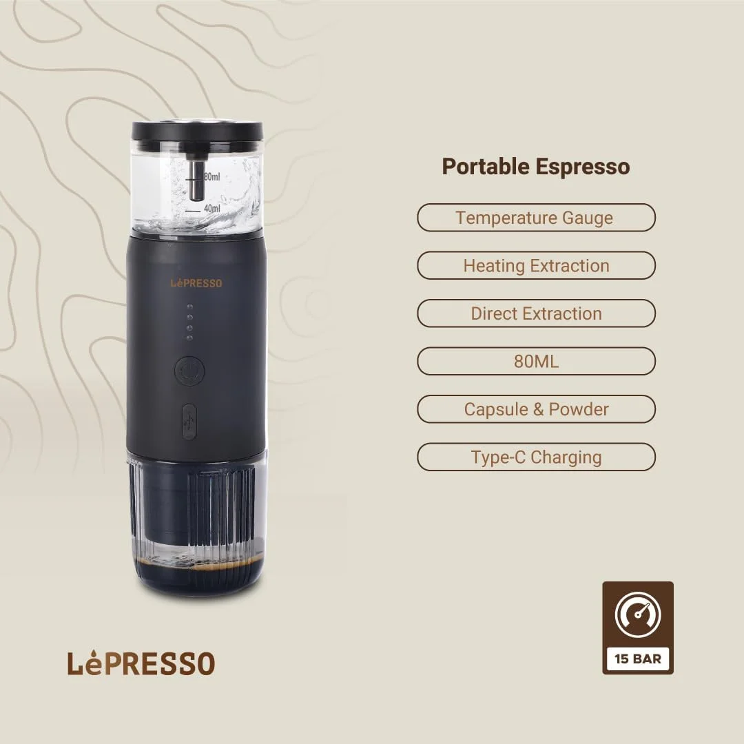 دستگاه اسپرسوساز قابل حمل LePresso با دماسنج حرارتی، خودگرم شونده با USB C، مناسب سفر و کمپینگ، 80 میلی لیتر، فشار استخراج 15 بار، توان 135 وات، سازگار با کپسول های اصلی NS دستگاه اسپرسوساز قابل حمل LePresso با دماسنج حرارتی، خودگرم شونده با USB C، مناسب سفر و کمپینگ، 80 میلی لیتر، فشار استخراج 15 بار، توان 135 وات، سازگار با کپسول های اصلی NS